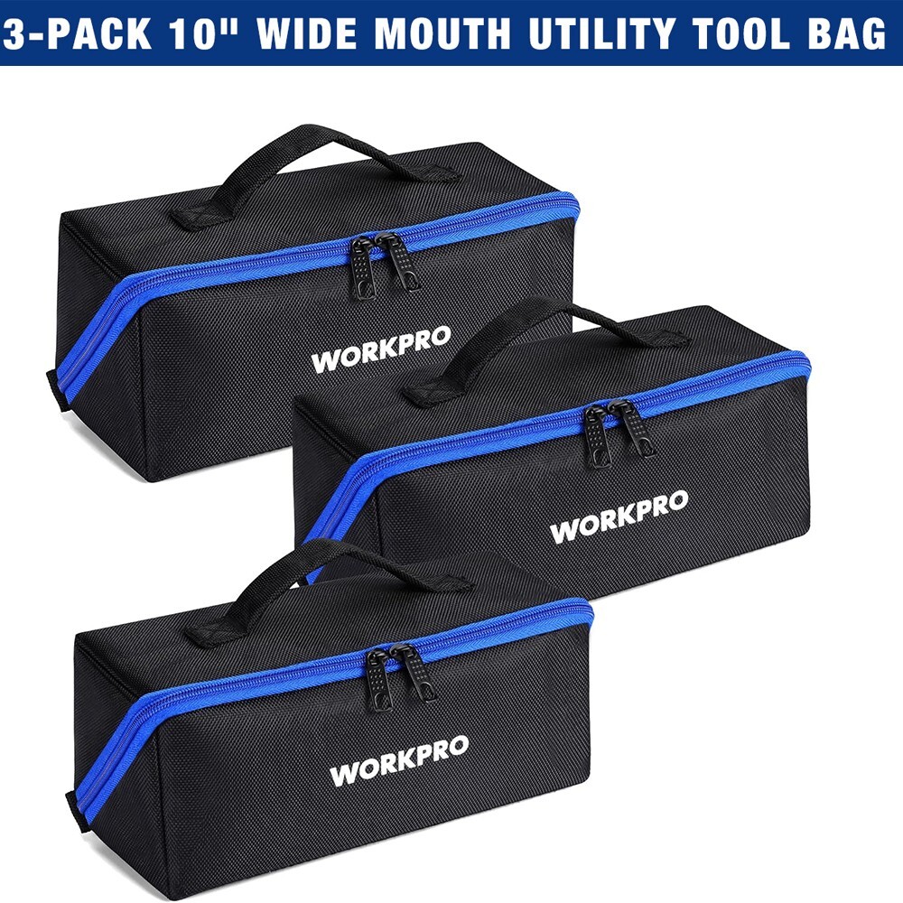 WORKPRO 10″ Wide Mouth Utility Tool bag with Zipper 3-pack Multipurpose NEW