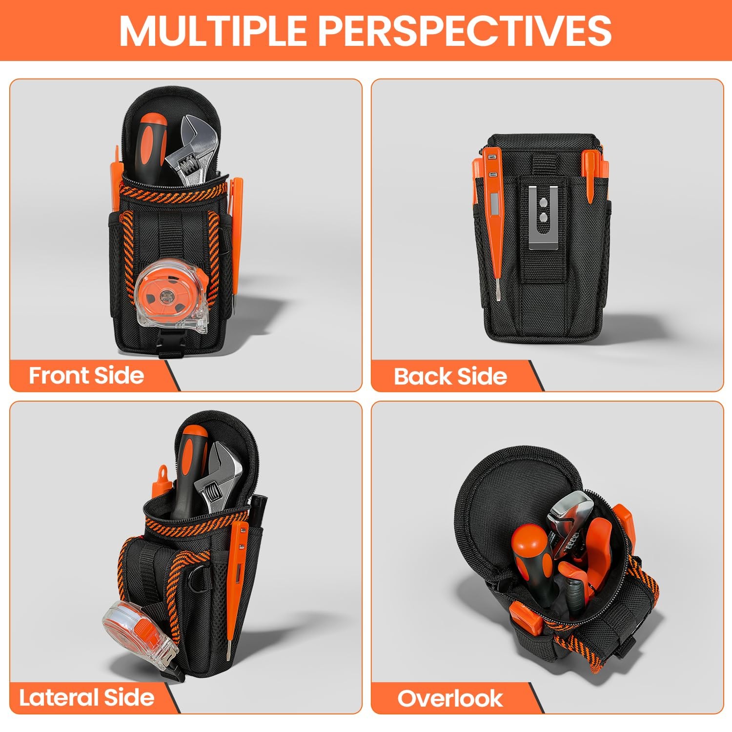 Tool Belt Pouch, Heavy Duty Utility Holder with Mesh Pocket, Black and Orange