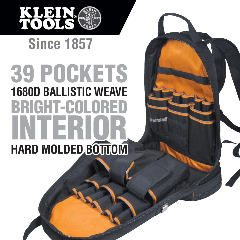 Klein Tools 55421BP-14 Tradesman Pro Tool Backpack 39 Pocket Hard Molded Base
