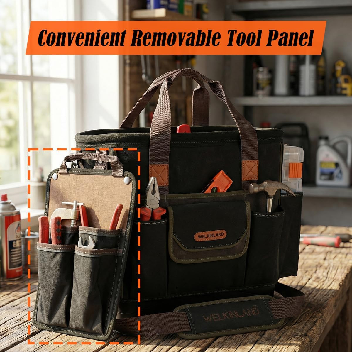 WELKINLAND 50-Pocket Electrician Tool Tote, 14″ Hard Bottom Tool Bag, Waxed-Canv