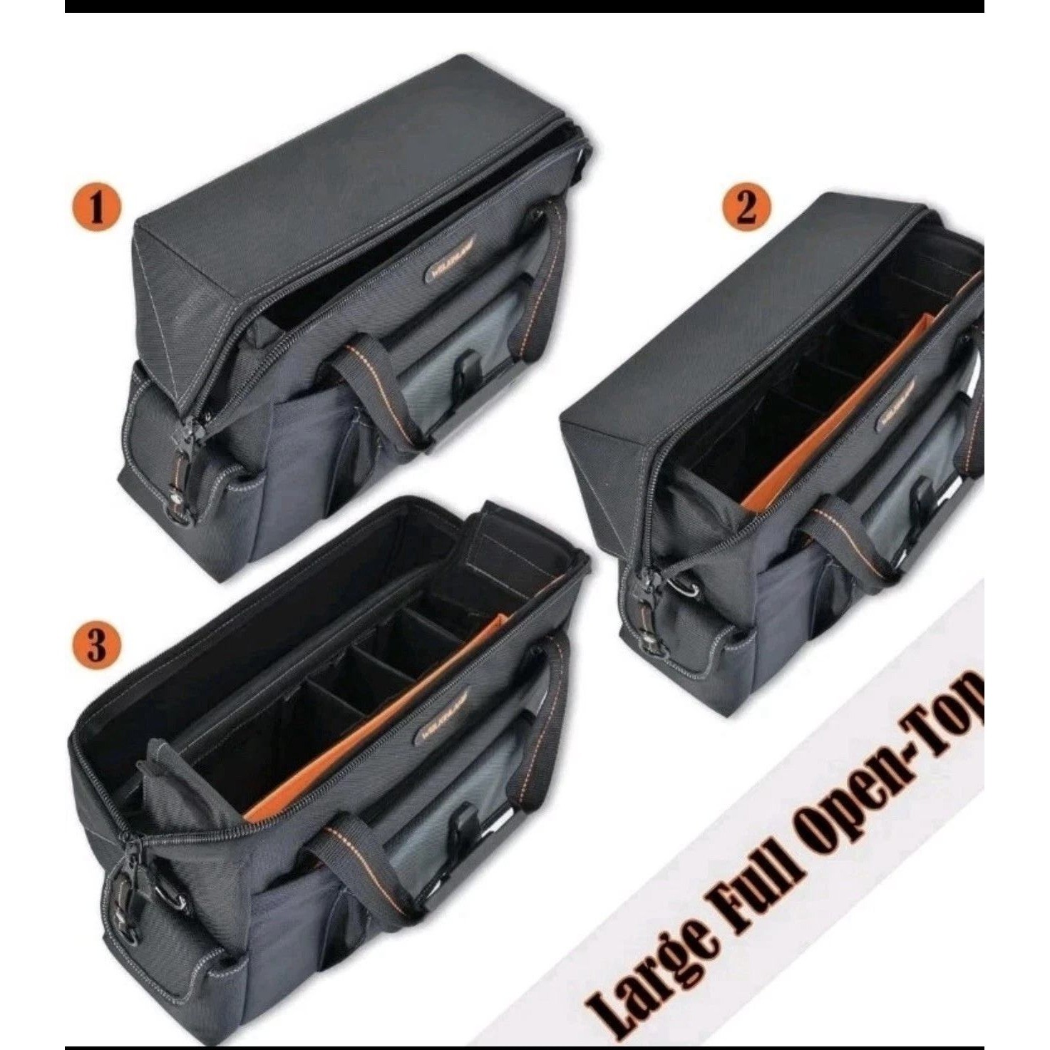 Welkinland Large Open Top Tool Bag Black Laptop Compartment 15 Pockets Organizer