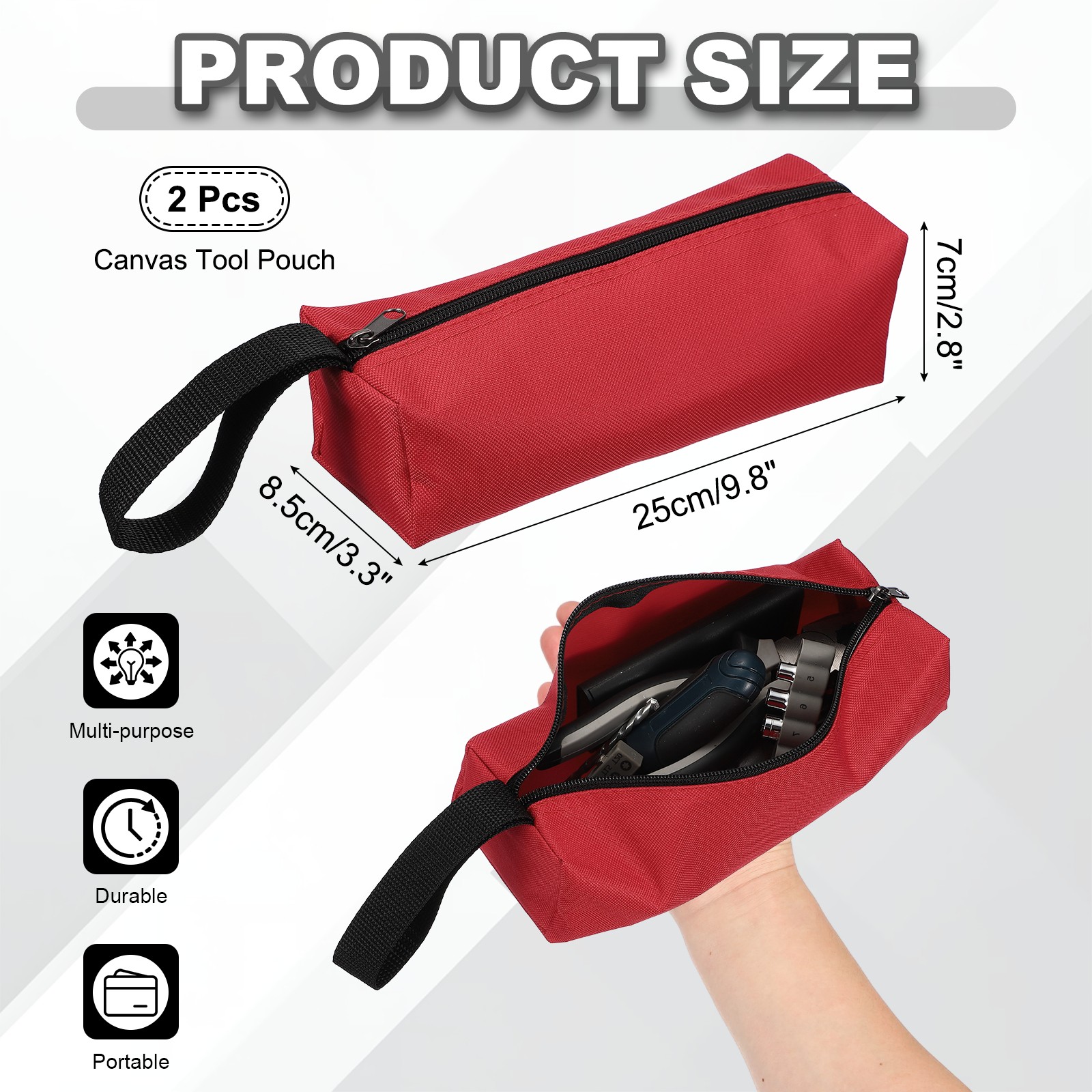 2Pcs 9.8×3.3×2.8″ Multi Purpose Zipper Canvas Tool Pouch Red