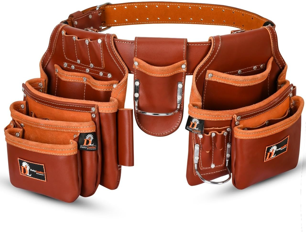 Daisy Pro Leather Tool Belt – 28 Pockets, Padded, Fits 30-52″ Waist, Cherry