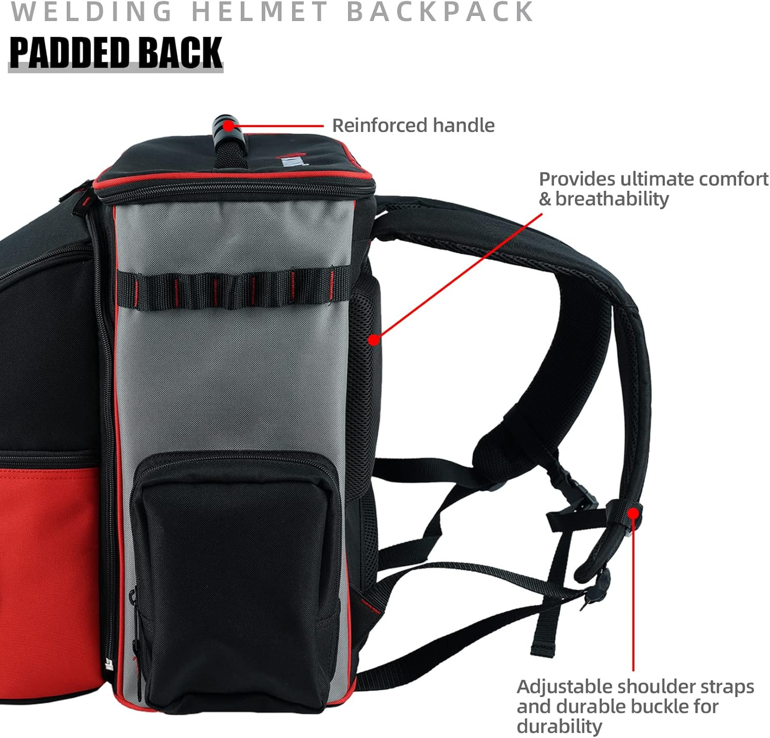 Durable Welding Backpack with Detachable Helmet Bag – Red Tool Carrier