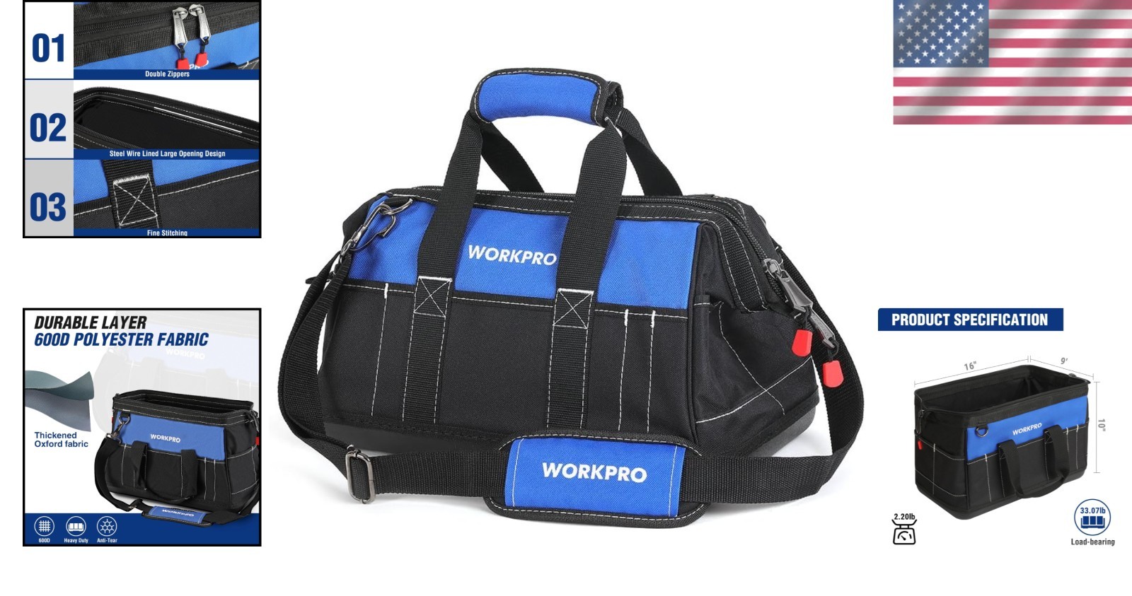 16-Inch Heavy-Duty Waterproof Tool Bag with Adjustable Strap for Easy Carrying