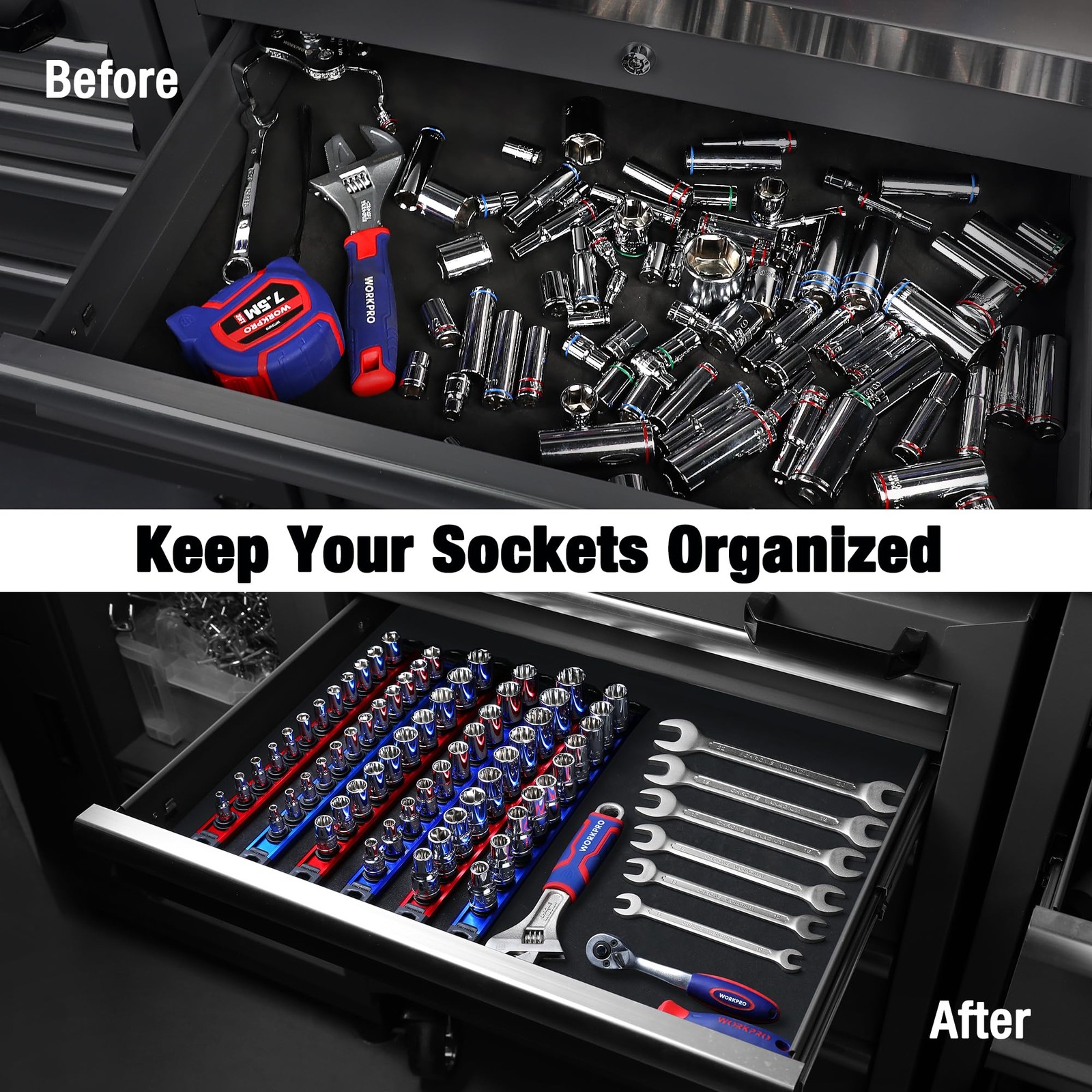 WORKPRO Magnetic Socket Organizer 6Pc 1/4 3/8 1/2 Drive Rail Set Blue Red