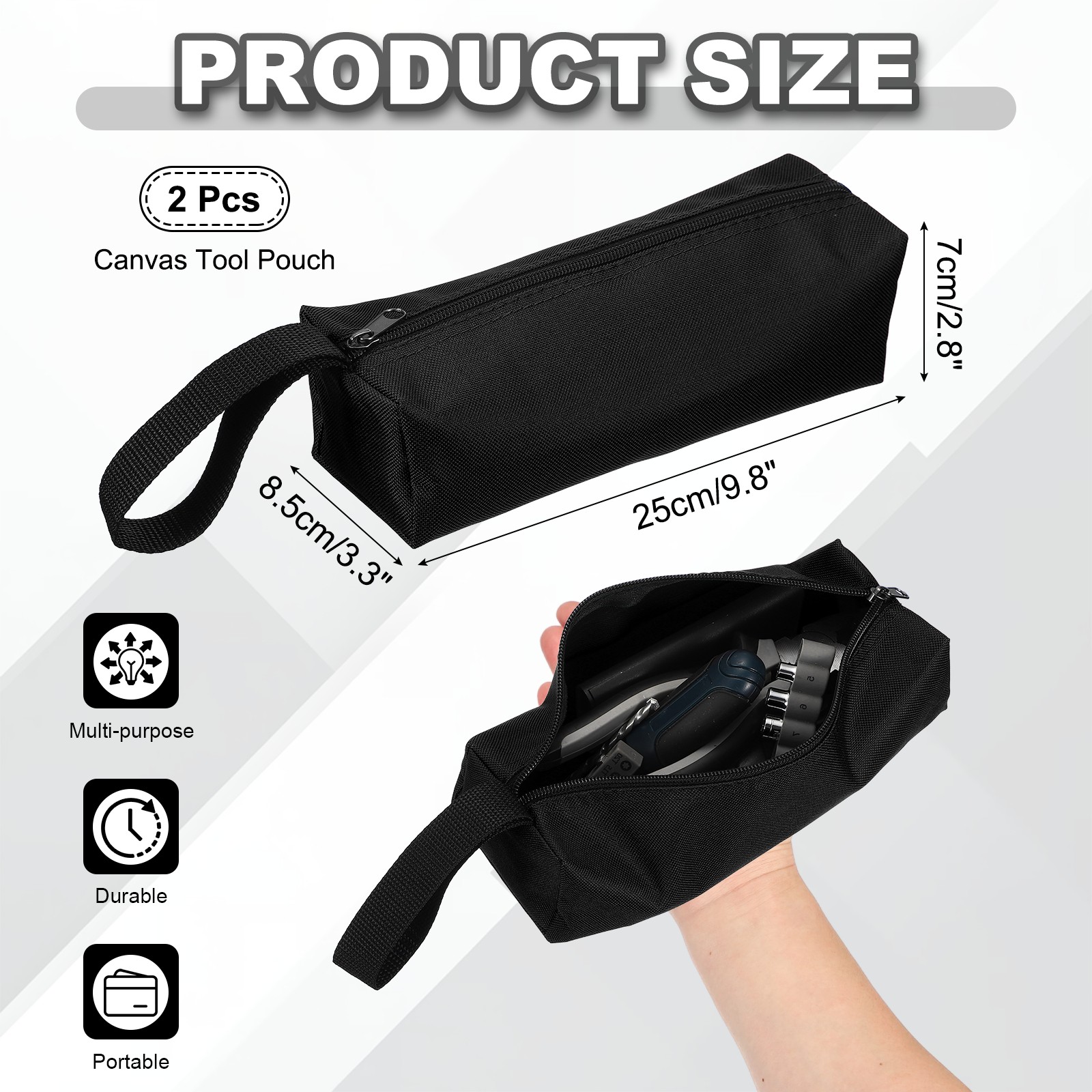 2 Pcs 9.8×3.3×2.8″ Multi Purpose Zipper Canvas Tool Pouch, Black