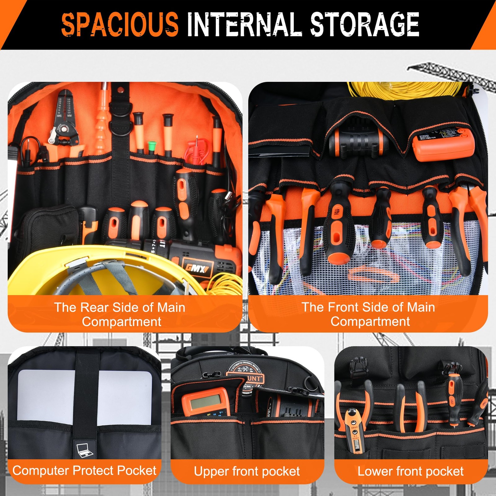 LOKASS Tool Backpack Heavy Duty with Molded 11.41″L x 6.1″W x 17″H, Black