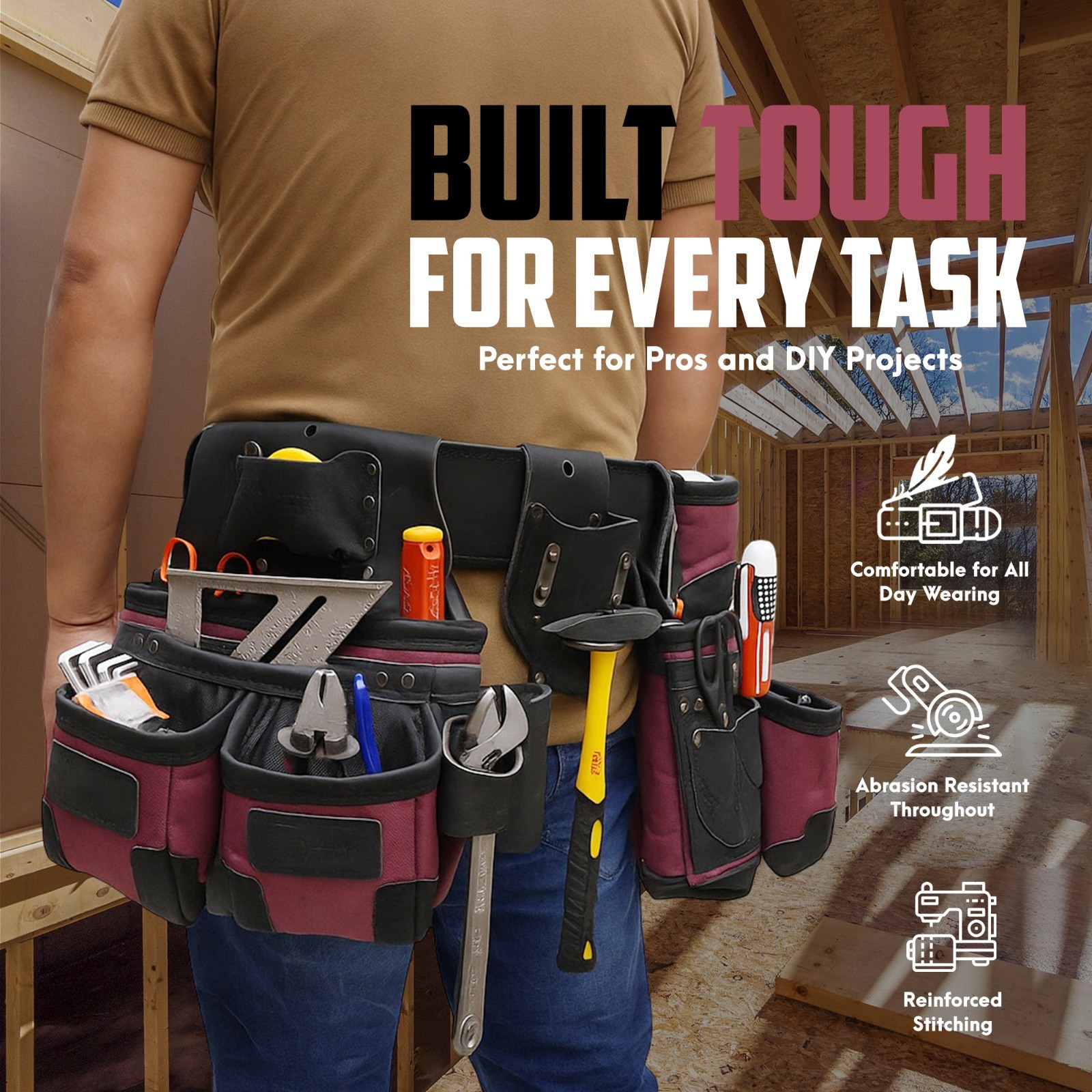 TRUTUCH Nylon and Leather Tool Belt | 1680 D Nylon Tool Pouch | Framing Tool Bag