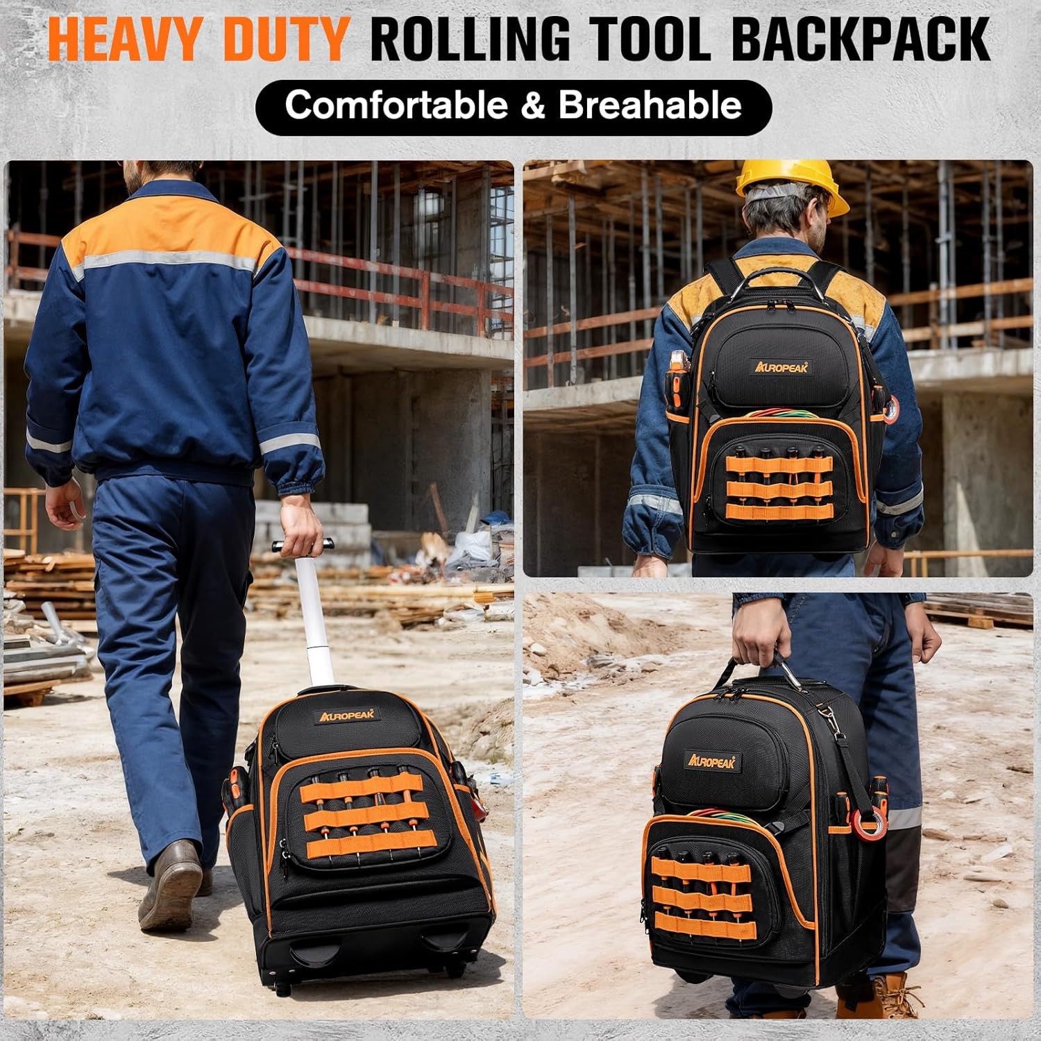 AUROPEAK 2-In-1 Rolling Tool Backpack, Heavy Duty, 47 Pockets, 1680 D, w/ Wheels