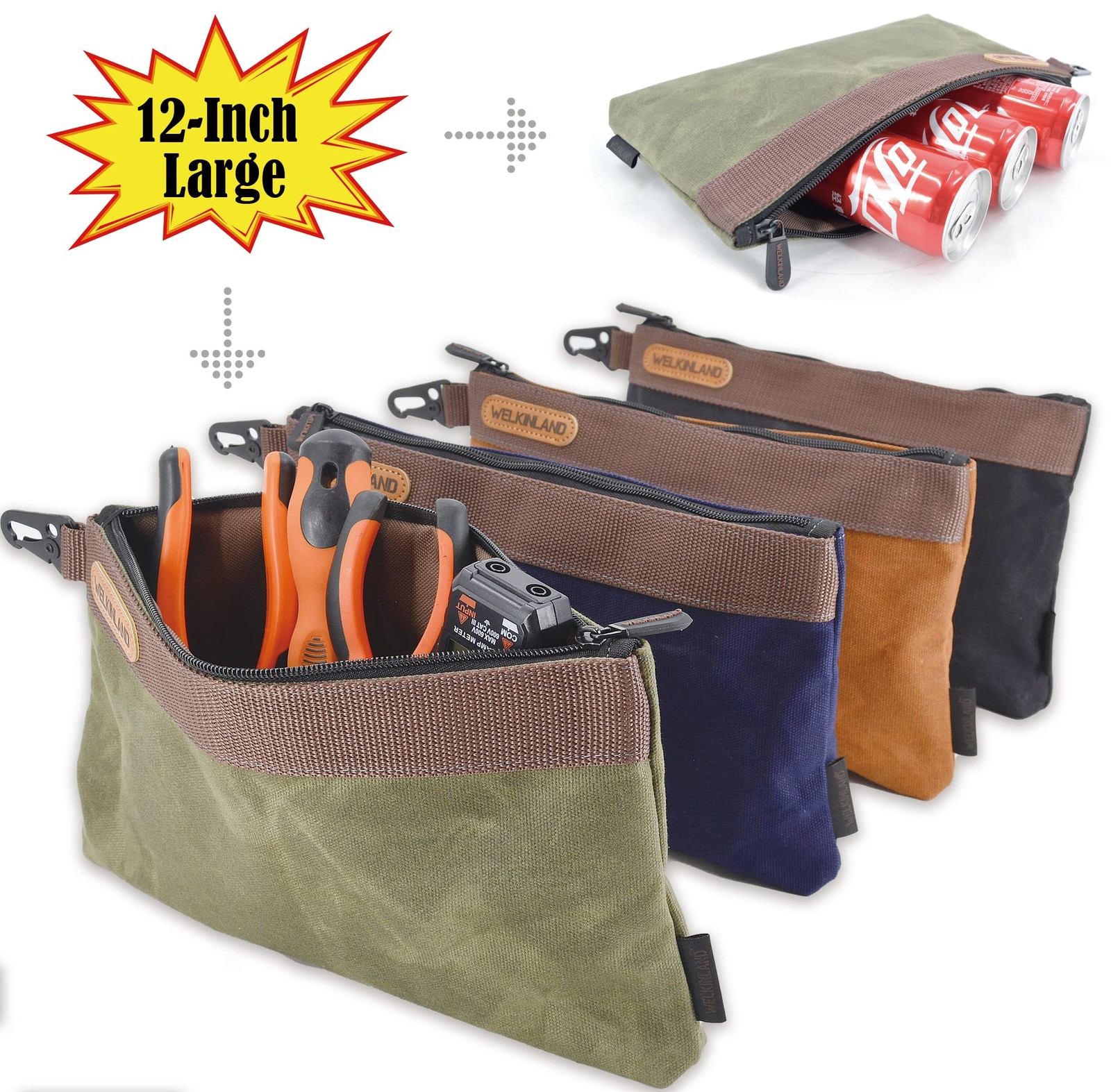 Heavy-Duty Canvas Tool Pouch – 4PCS, 12″ Waxed Canvas Zipper Tool Pouch