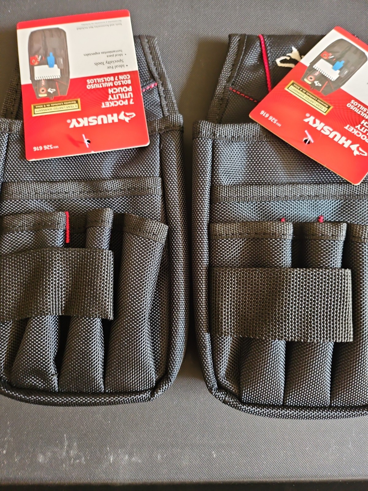 Husky 7 Heavy Duty Interior Storage Pocket Black Utility Tool Belt Pouch -2 Pk
