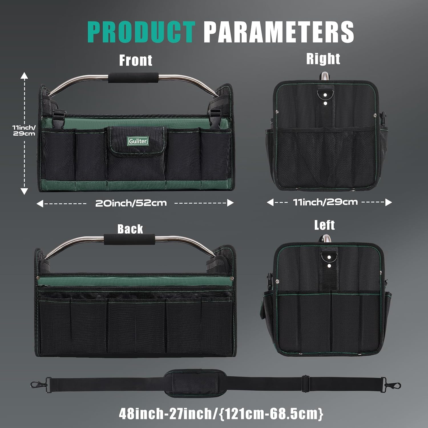 Heavy Duty 20″ Tool Bag with 25 Pockets & Adjustable Shoulder Strap, Black/Green