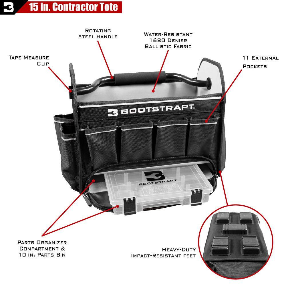 15 In. Contractor’S Tote Bag With Integrated Parts Bin Compartment Free Shipping