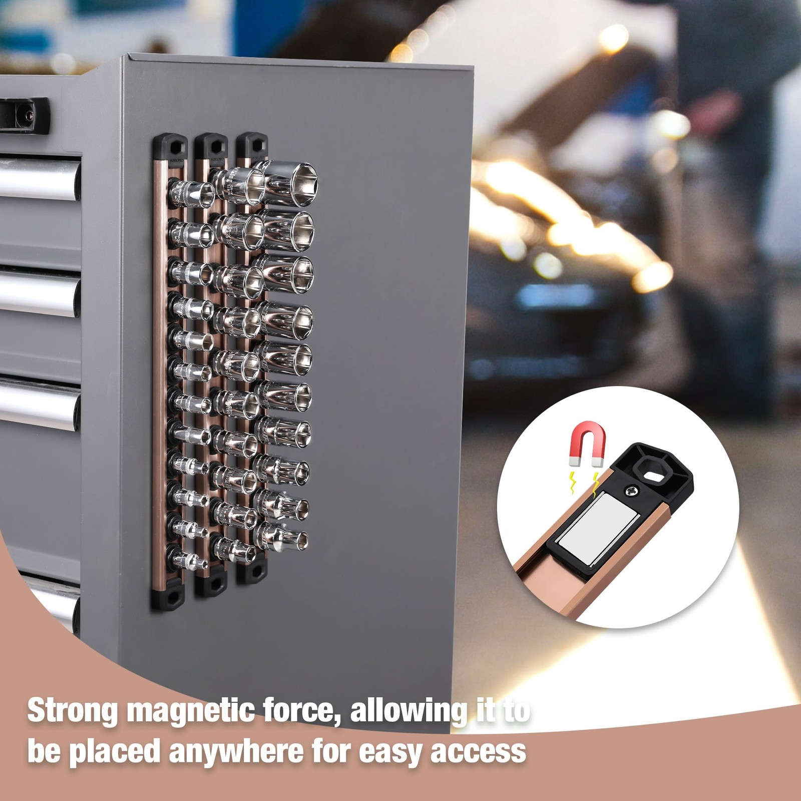 WORKPRO Magnetic Socket Organizer, 1/2-Inch Drive Aluminum 1/2″ DR, Champagne