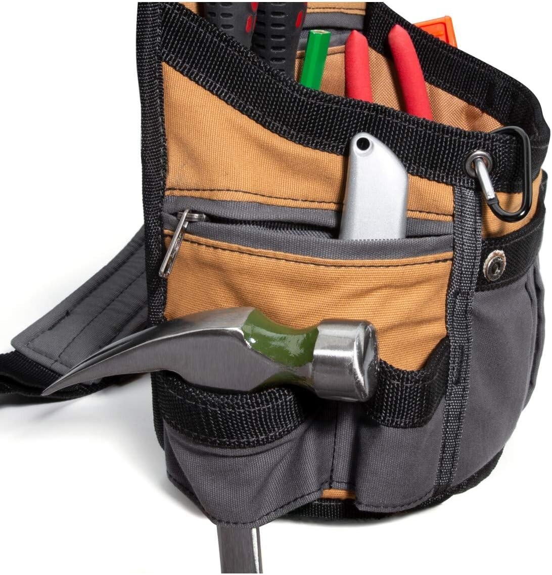 8-Pocket Padded Tool Belt, Adjustable 3″ Utility Pouch, Durable Canvas, Tan/Grey
