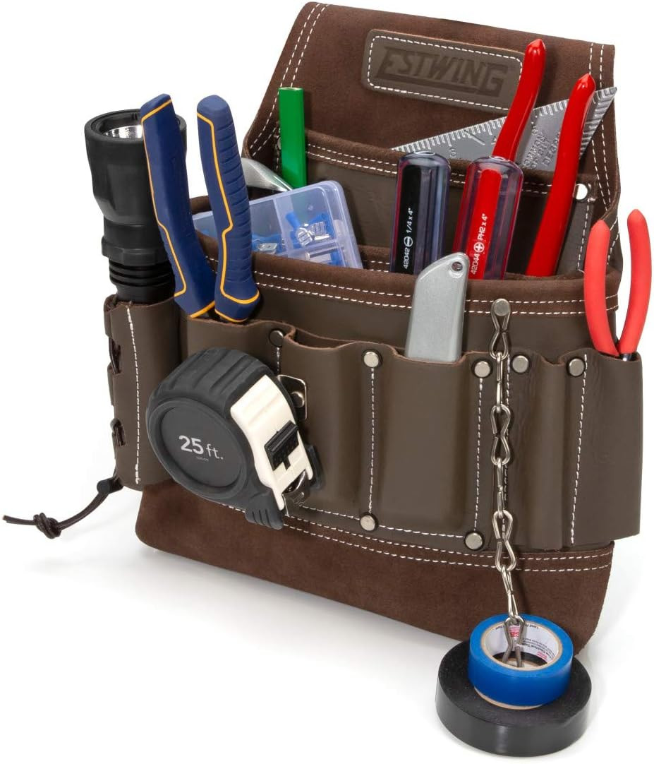 8-Pocket Leather Electrician’S Tool Pouch for Work and Tool Belts, Flashlight Lo