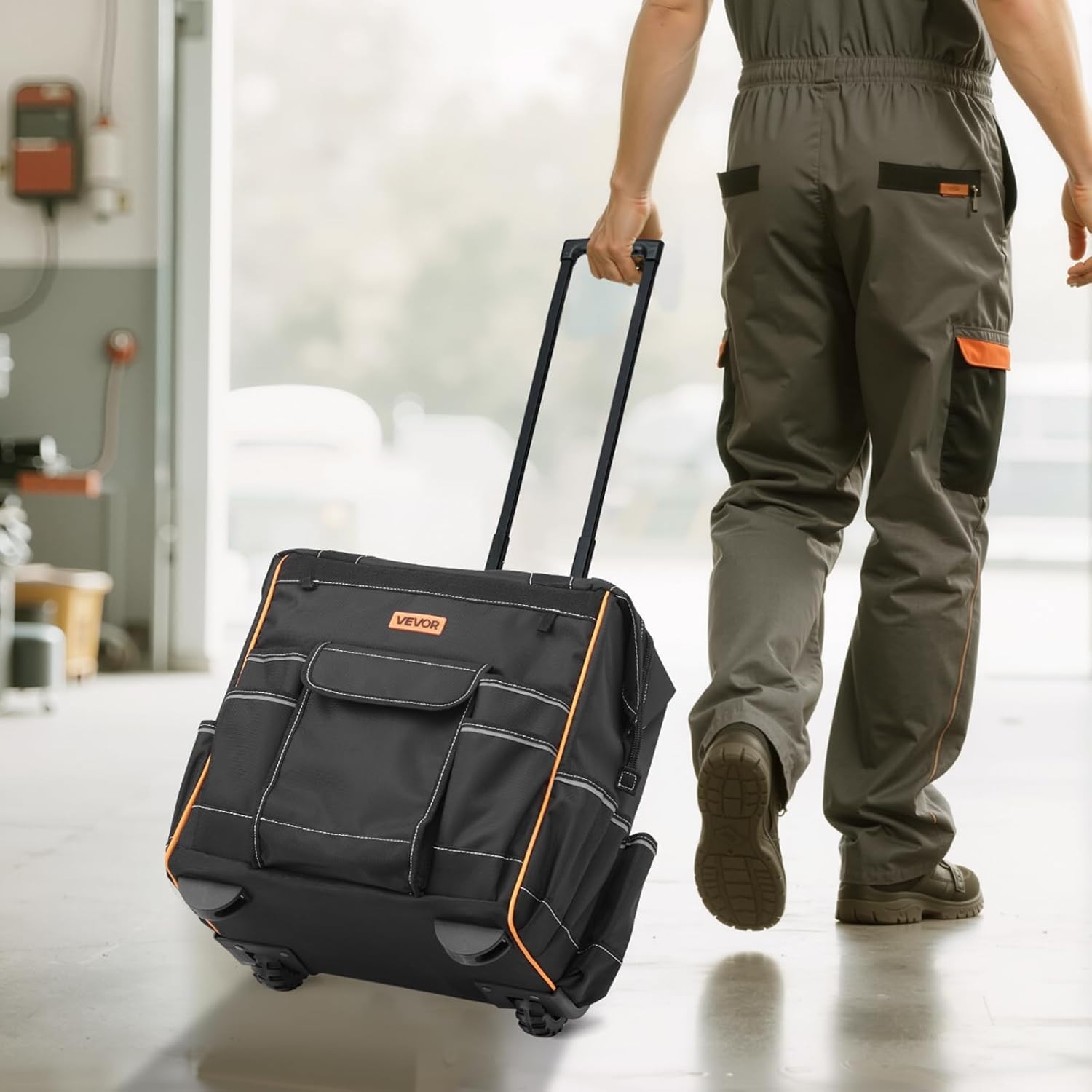 15-Inch Heavy Duty Rolling Tool Bag with 110 lbs Capacity & 25 Pockets