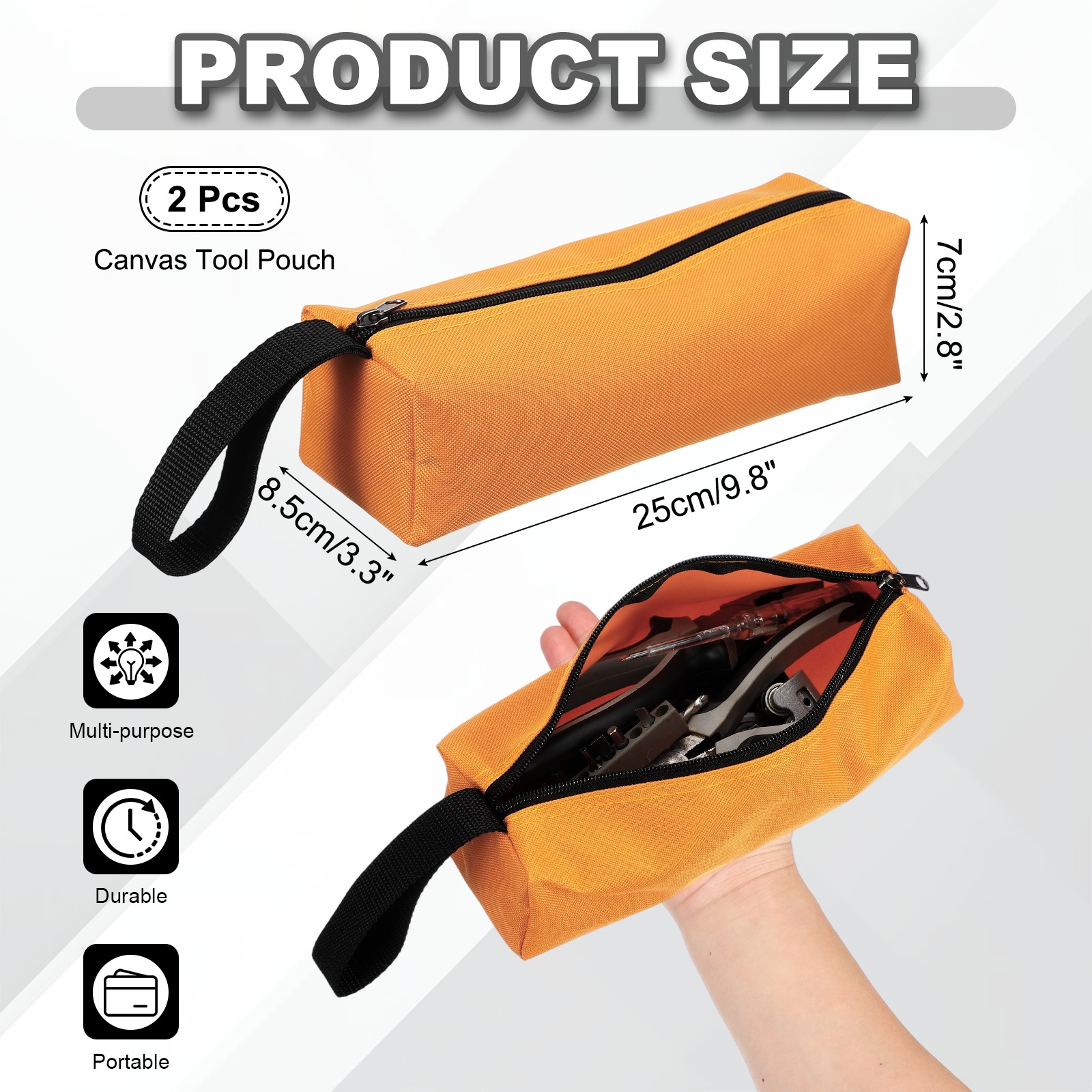 2Pcs 9.8×3.3×2.8″ Multi Purpose Zipper Canvas Tool Pouch Orange