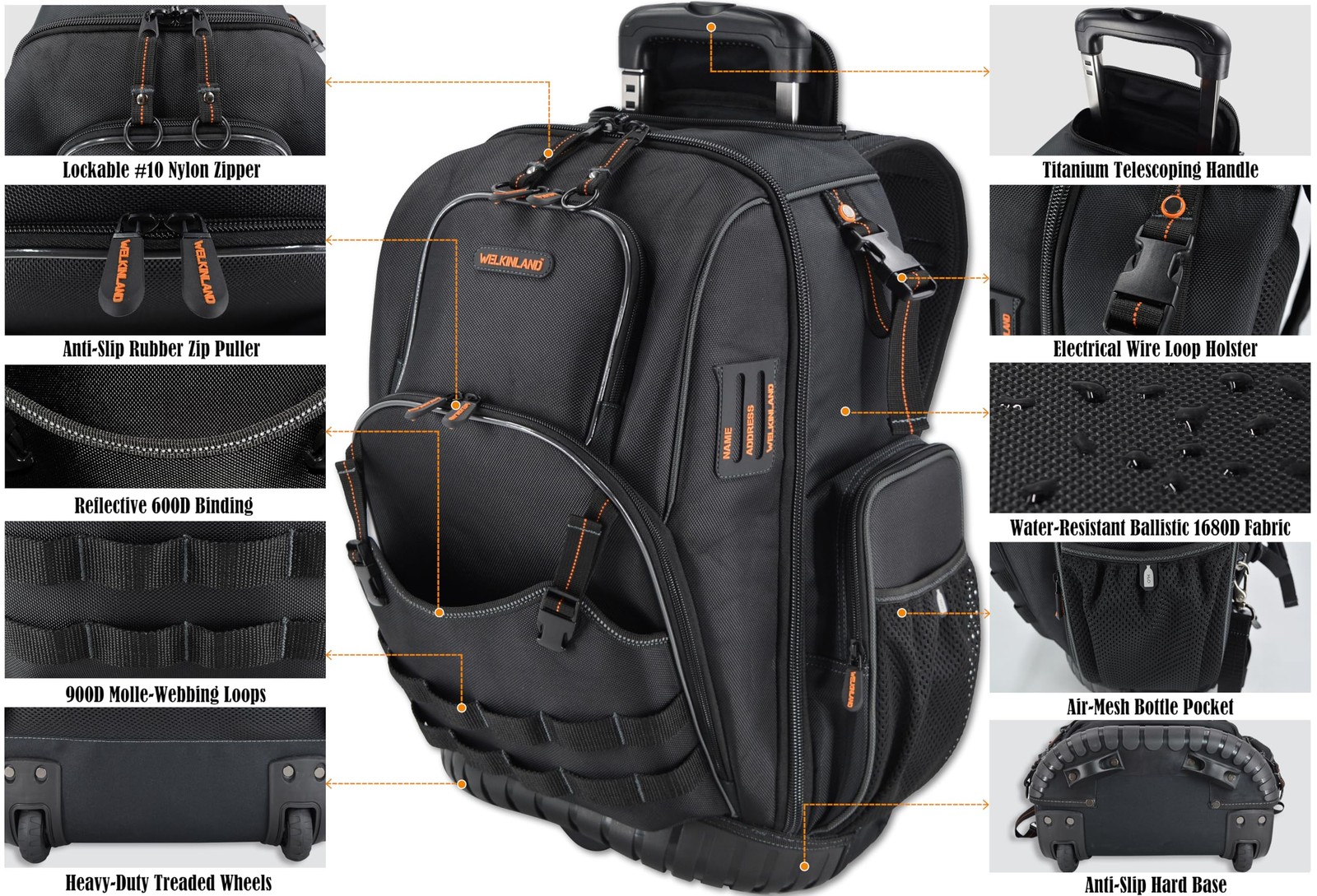 WELKINLAND 72Pockets Rolling Tool backpack, Large tool Large, Black w/ Orange