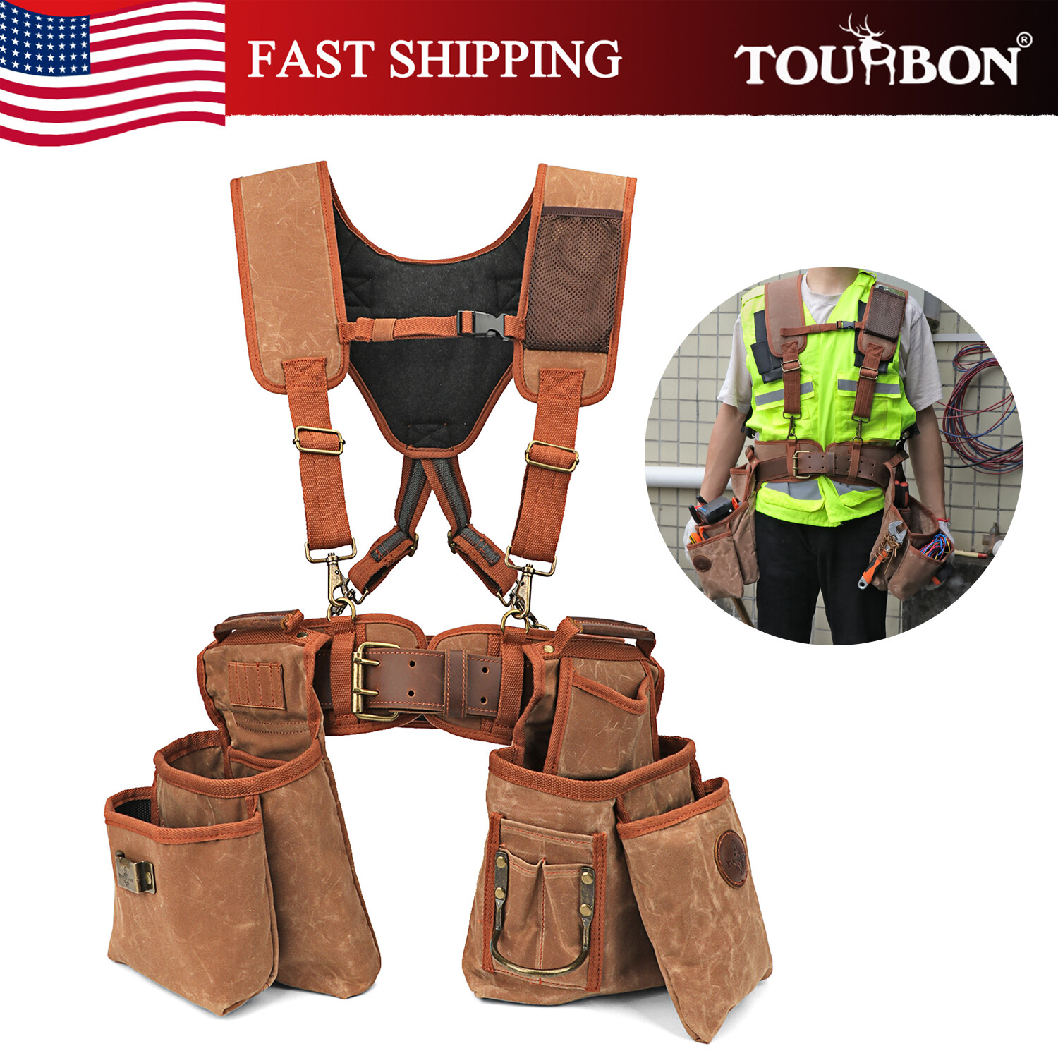 TOURBON Heavy Duty Tool Belt Pouches Build Suspender Electrician Carpenter Strap