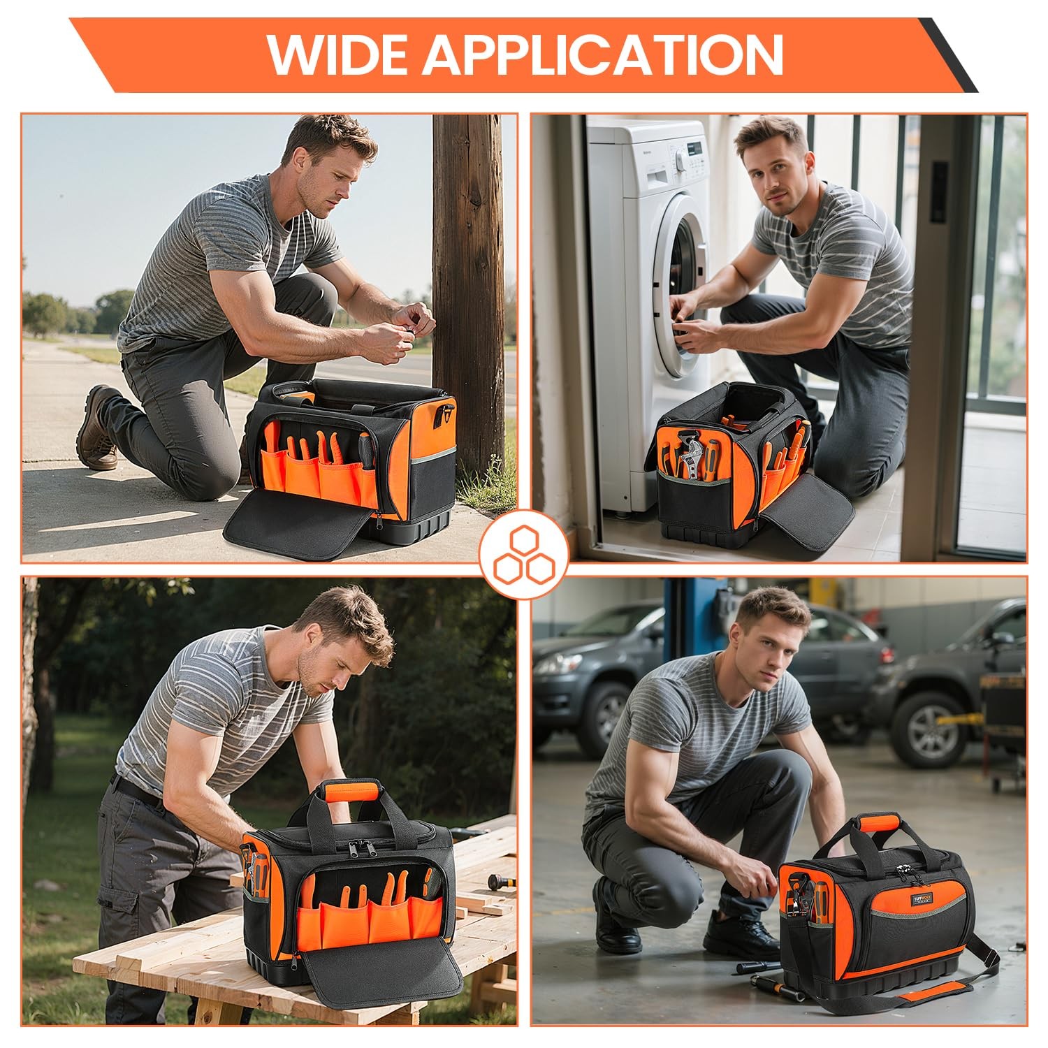 Black Orange Tool Bag Large Organizer 15.7×11.4×9.8 Inch Heavy Duty 600D Fabric
