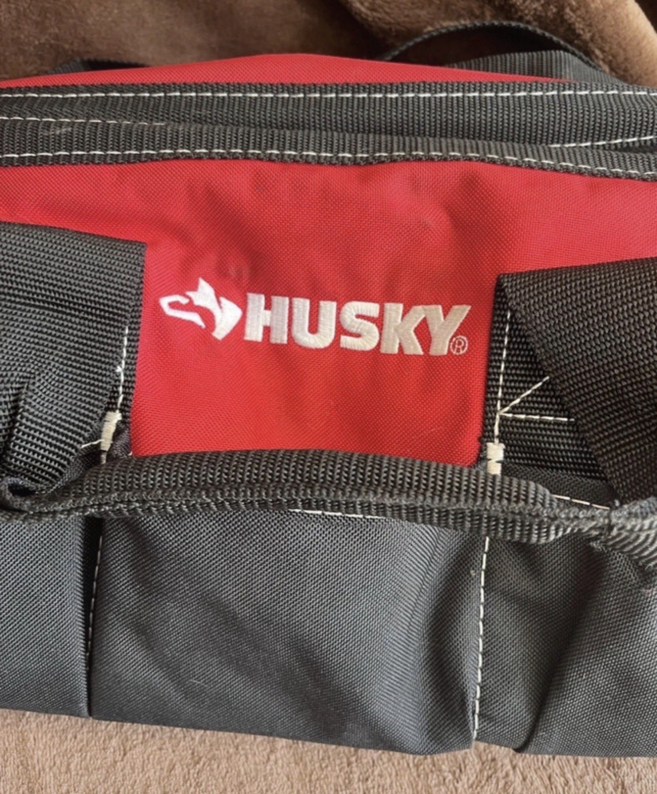 Husky Red/Black Small Fabric Tool Bag w/ Handle, Shoulder Strap, Zipper, 18″