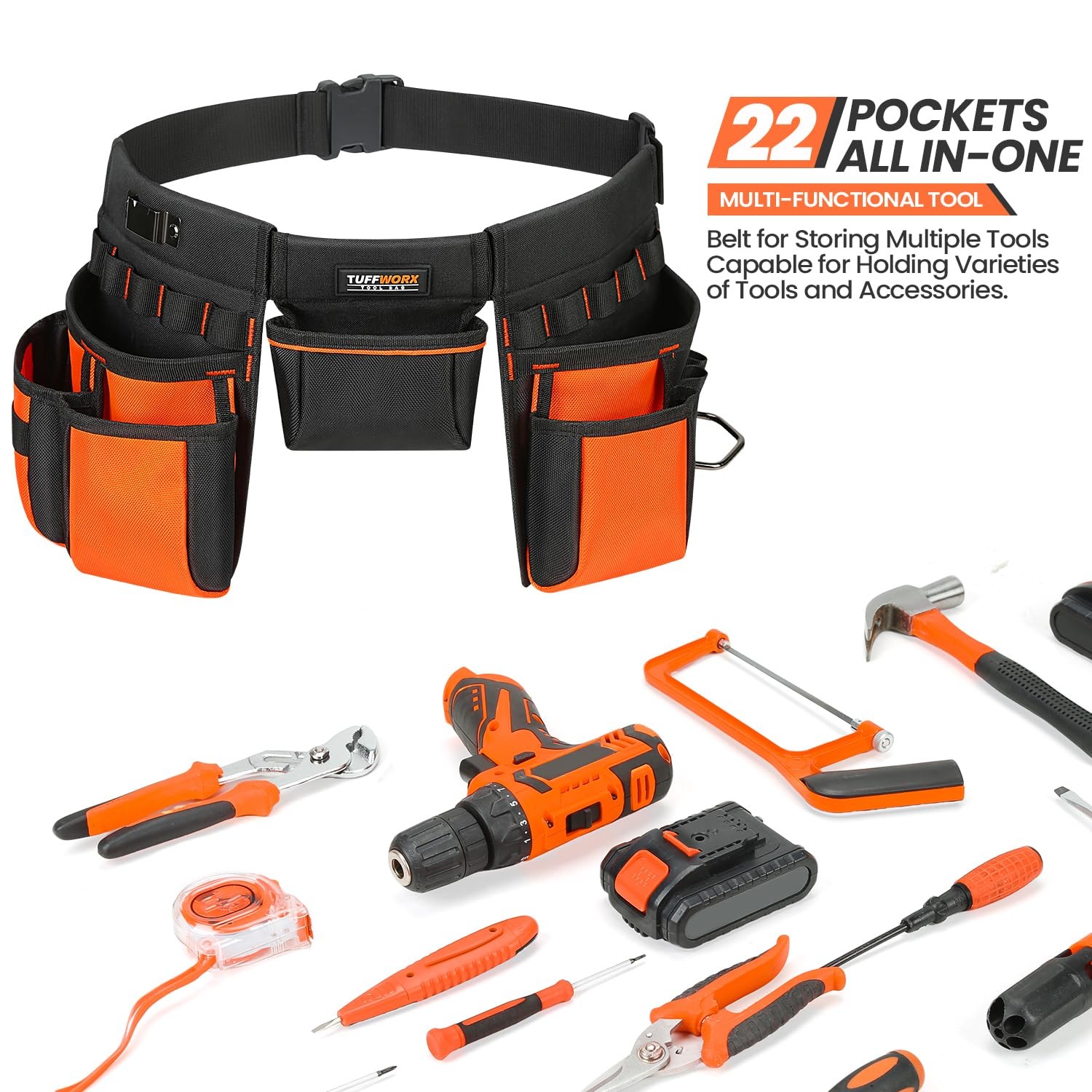 Tool Belt With Multiple Pockets Heavy Duty Construction Pouch Black And Orange
