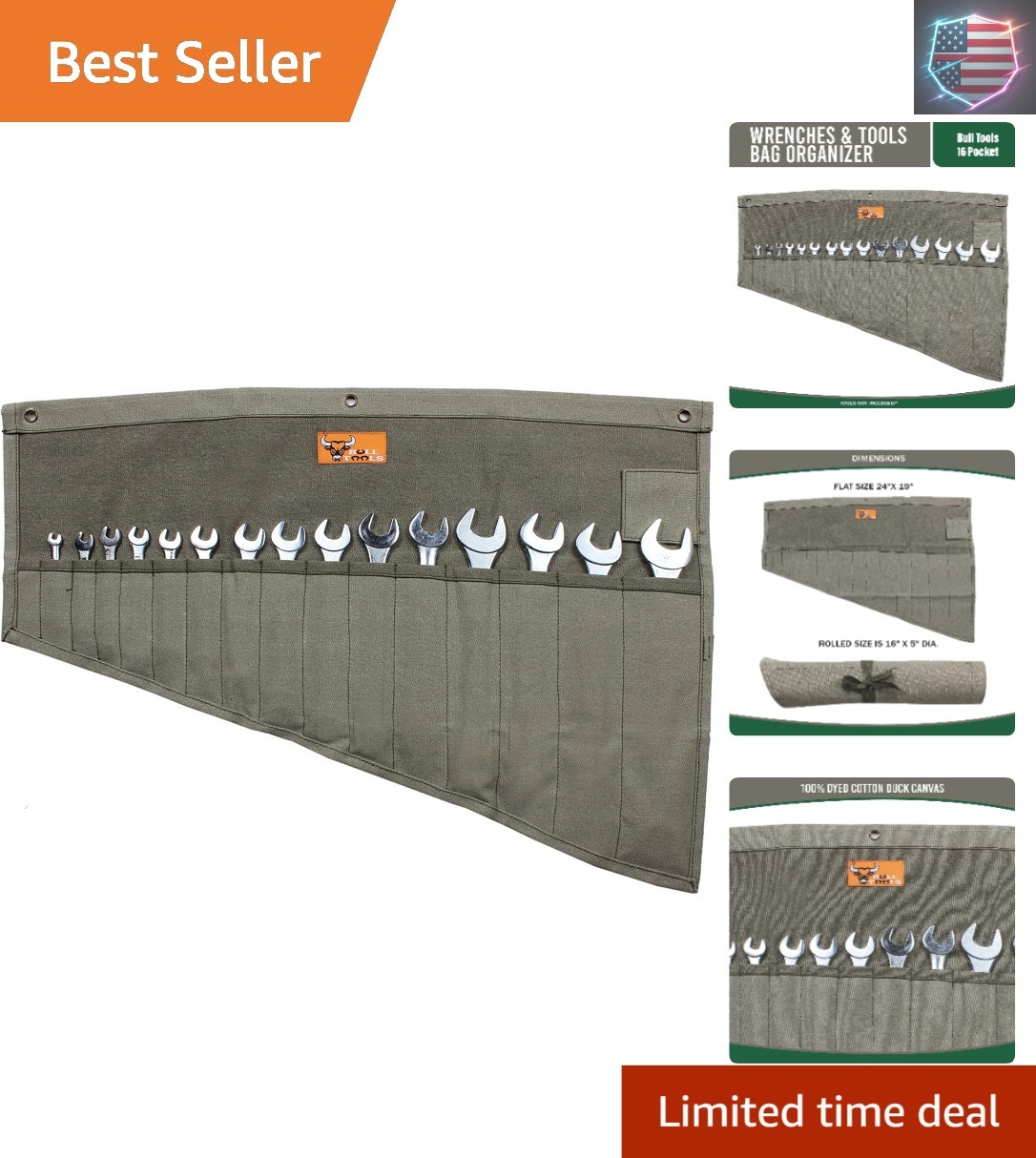 Roll Up Tool Bag Organizer 16 Pockets Metric & SAE Wrench Organizer Heavy Dut..-