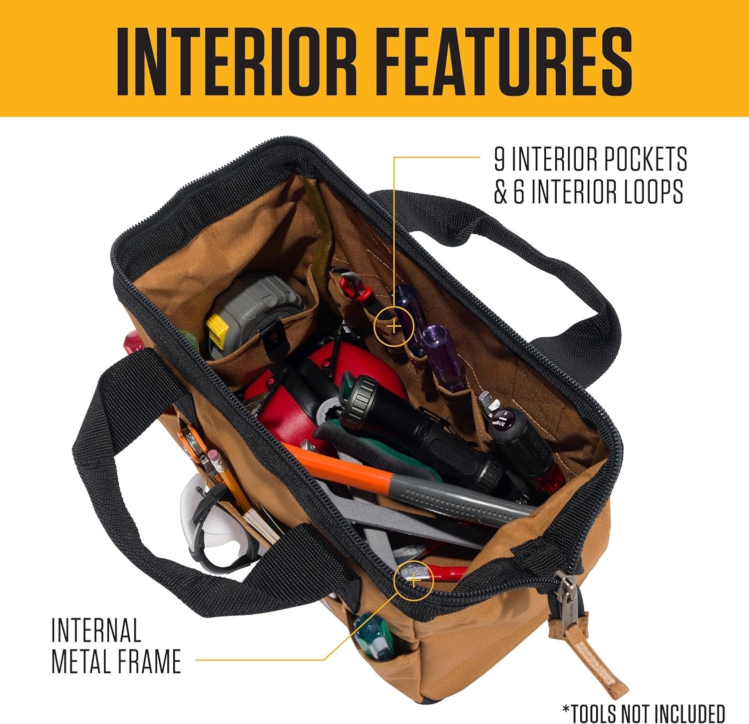 Brown Utility Tool Bag, 13-Inch | 15 Pockets, Lightweight and Water-Repellent