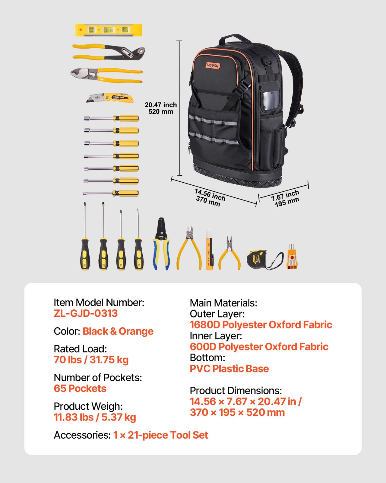 VEVOR Tool Backpack with Tools, 65 Pockets, Heavy-duty 65 Black