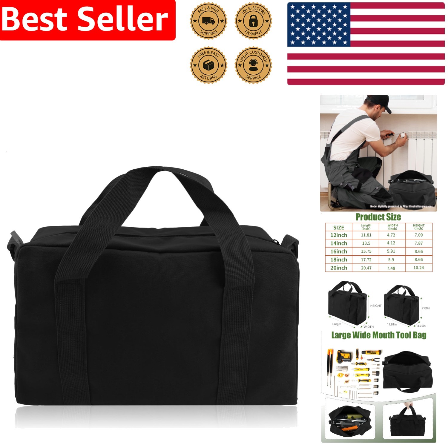 16 Inch Canvas Tool Bag Organizer Wide Mouth Heavy Duty Storage Tote Hand Tools