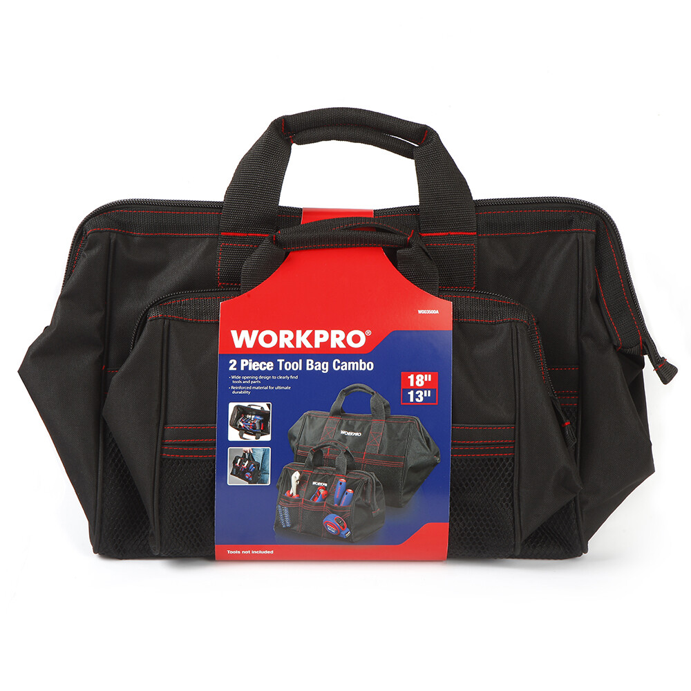 WORKPRO 2 Piece 13″ 18″ TOOL BAG Wide Mouth Heavy Duty Tote Storage with Zipper