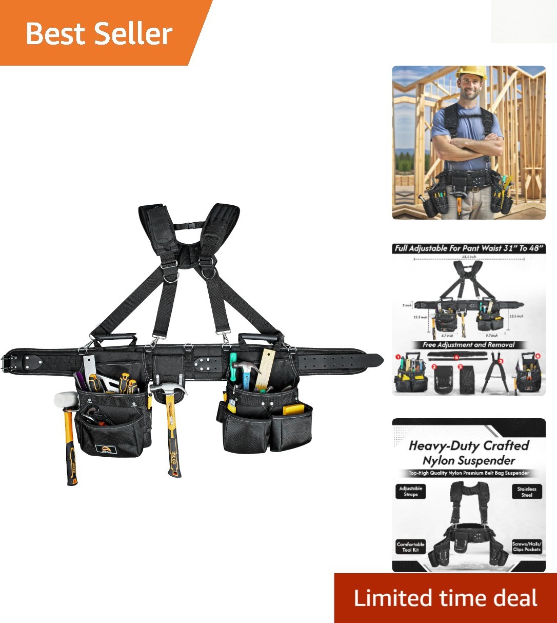Leather & Nylon Tool Belt with 28 Pockets – Ideal for Professionals