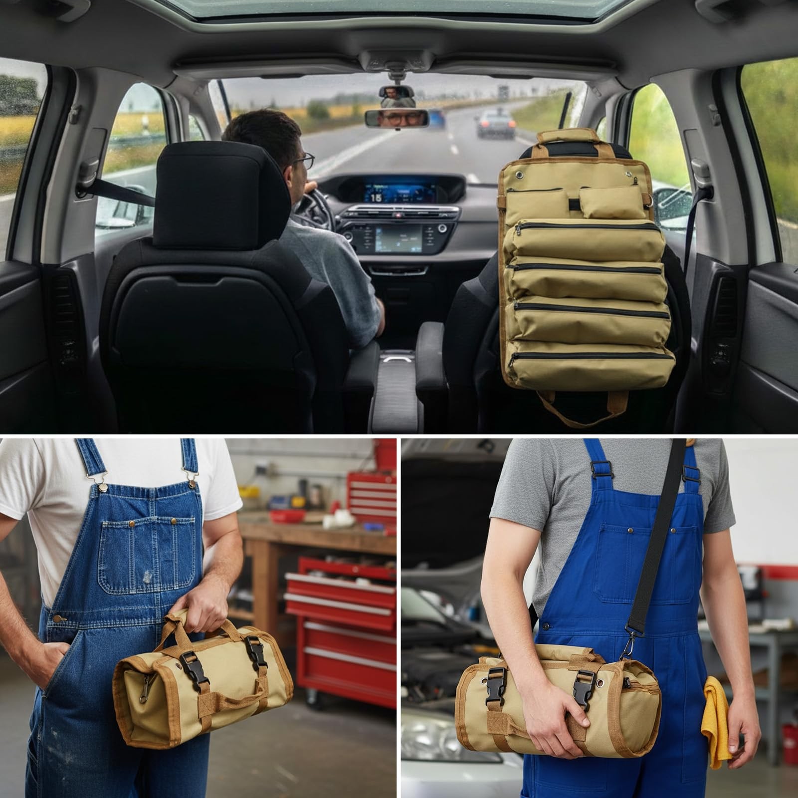 3 PCS Roll Up Tool Bag Organizer Heavy Duty Portable Pouch 4 Compartment