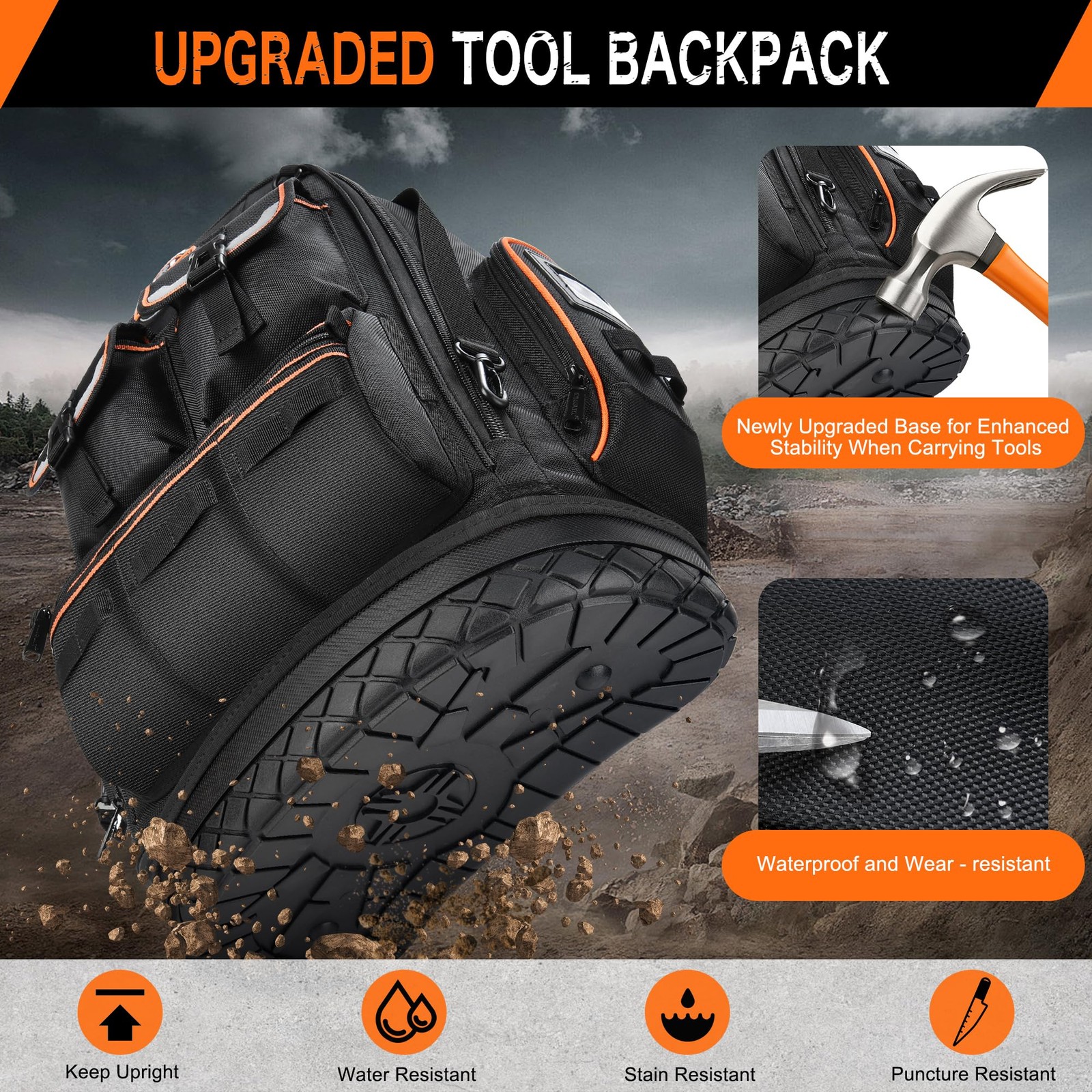 LOKASS Tool Backpack Heavy Duty with Molded 11.41″L x 6.1″W x 17″H, Black