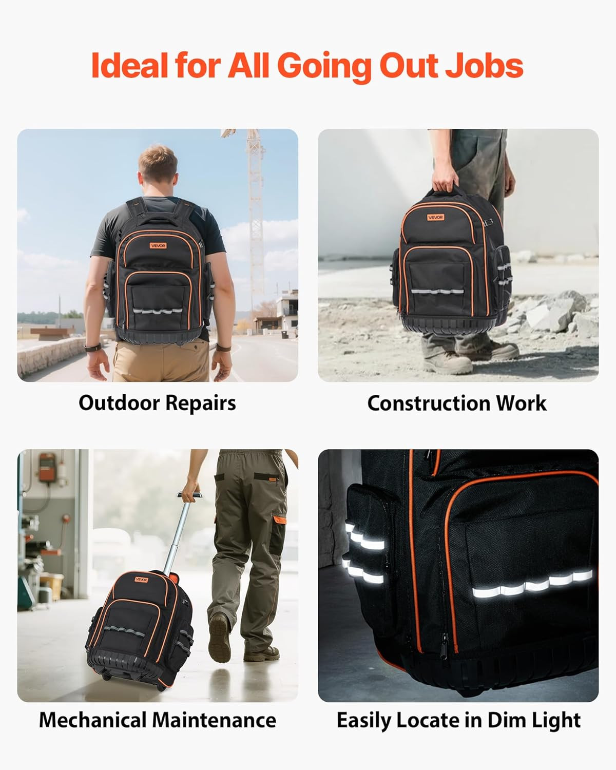 Rolling Tool Backpack, 110 Lbs Load Capacity, 45 Pockets Heavy Duty Roller Tool