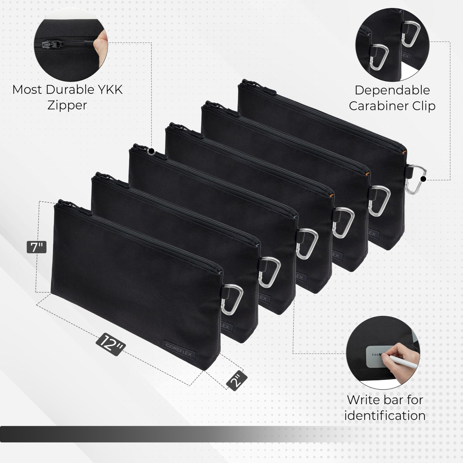 6 PCS 12 Inch Large Black Heavy Duty Flat Bottom Tool Pouch Zipper Bag