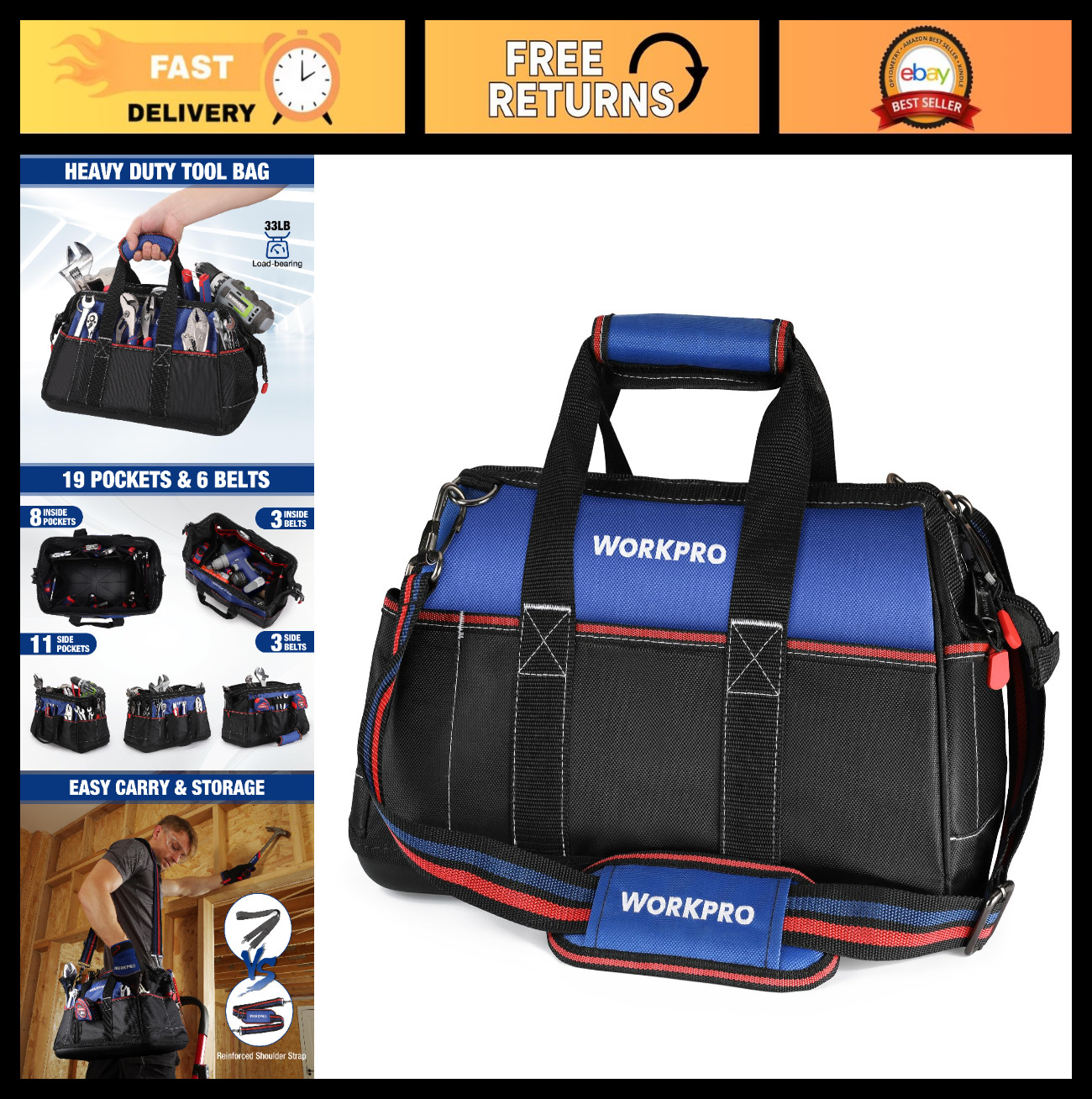16″ Wide Mouth Tool Bag – Waterproof Base, Multi-Pocket, Heavy Duty, Adjustable