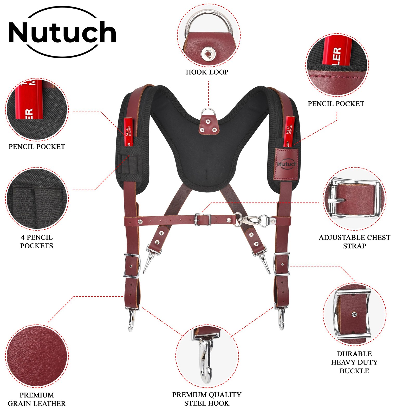 Heavy Duty Leather Work Suspender With Pockets | Fully-Adjustable Padded Leather