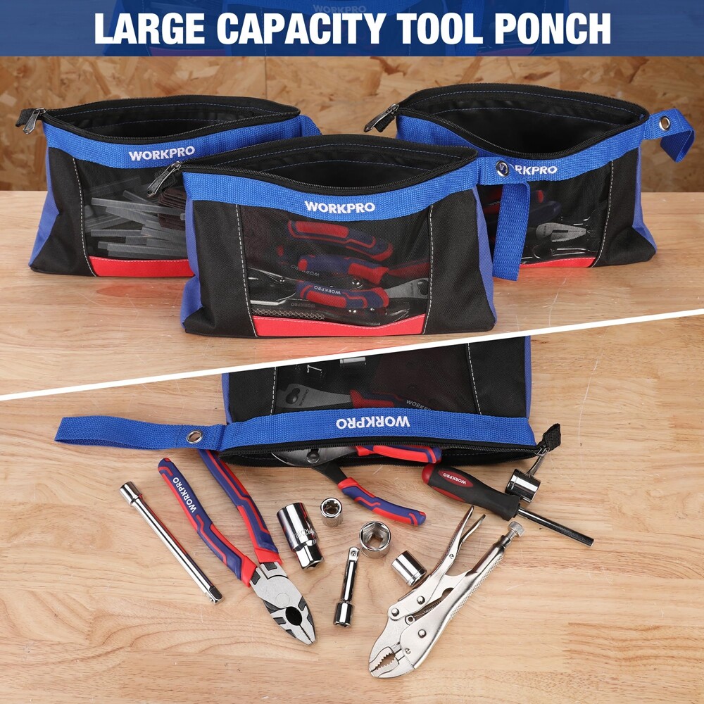 WORKPRO 3 Pack 12″ Tool Pouches Heavy-Duty Small Tool Bag Utility Pouch w/Zipper