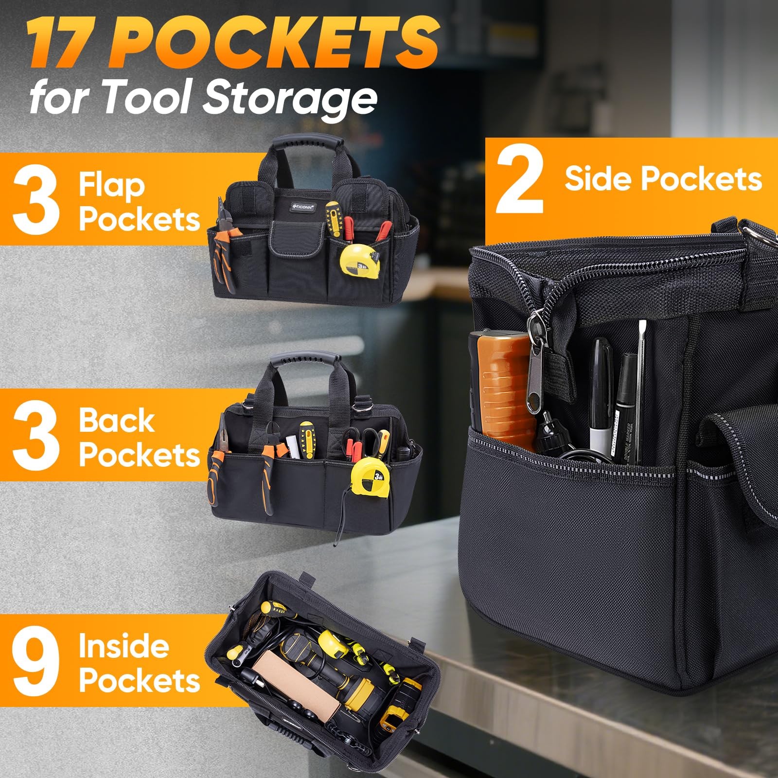 Heavy Duty Tool Bag with Multi-Pockets, Portable Tool Box Organizer Storage B…