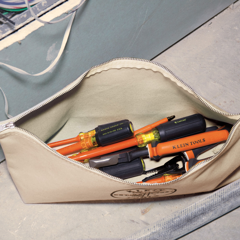 Klein Tools 5539LNAT Canvas Zipper Pouch, 16-Inch Tool Bag Storage Organizer