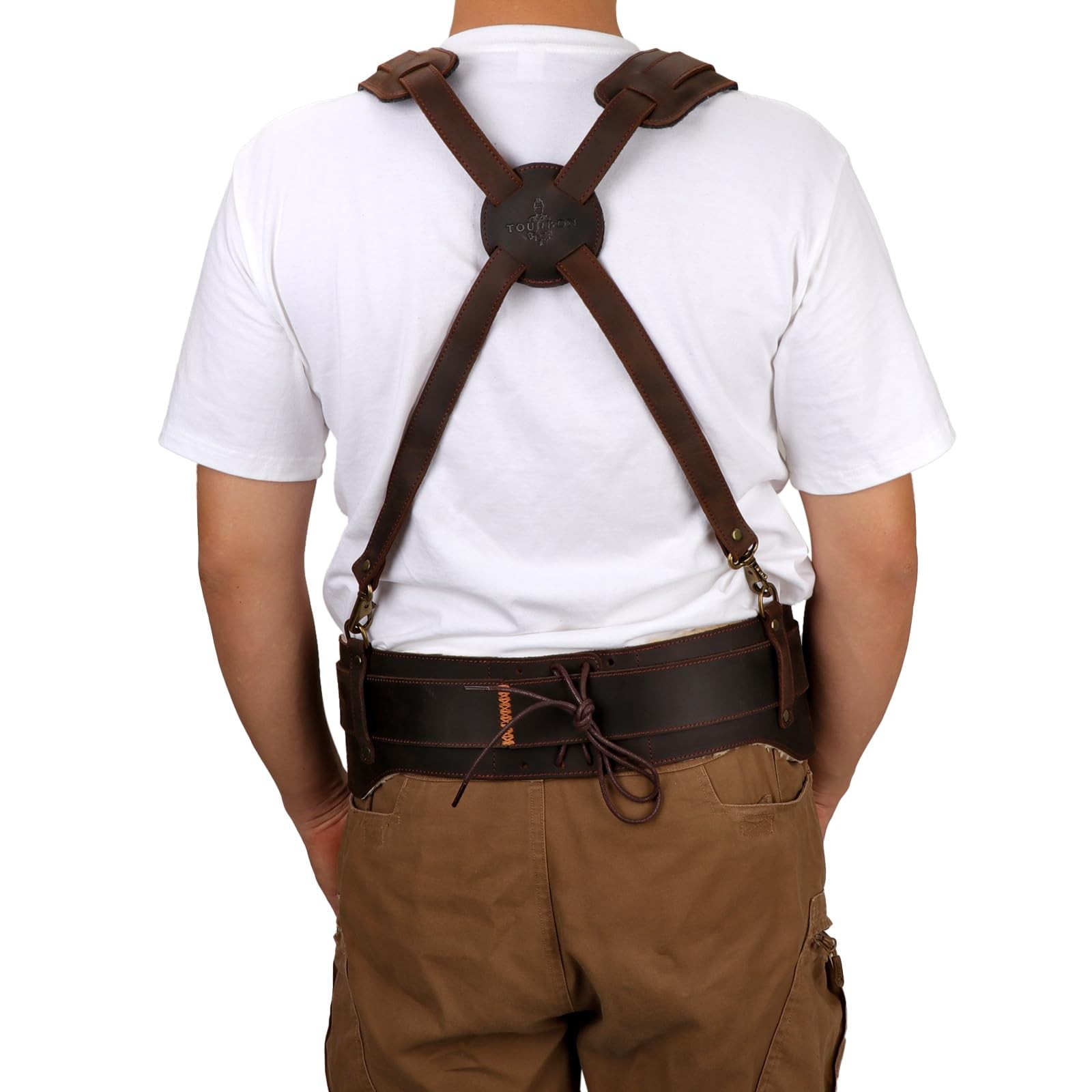 Leather Tool Belt with Suspenders, Padded Electrician Carpenter Work Belt