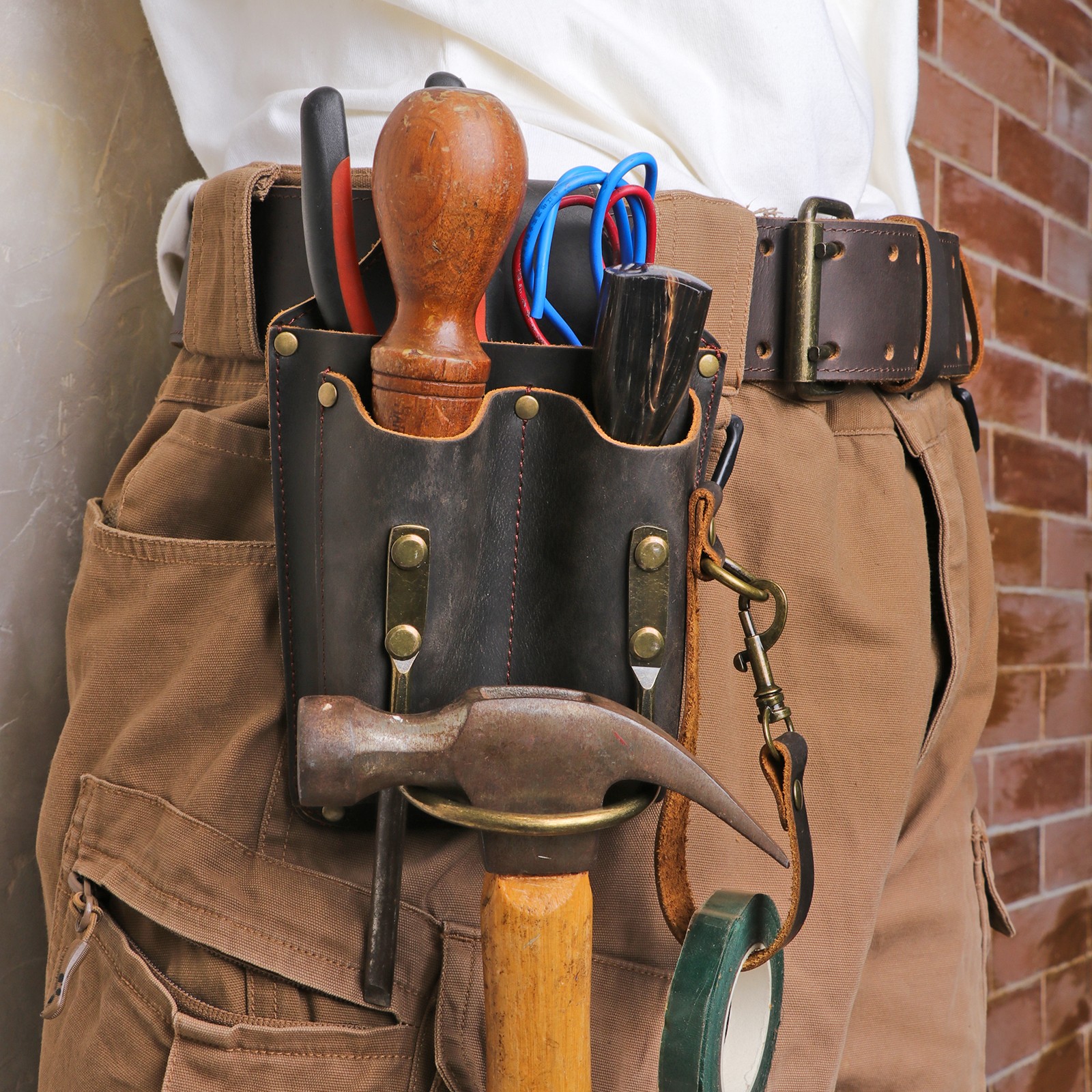 TOURBON Leather Electrician DIY Tool Holder Tunnel Hammer Belt Pouch 5-in-1 Case