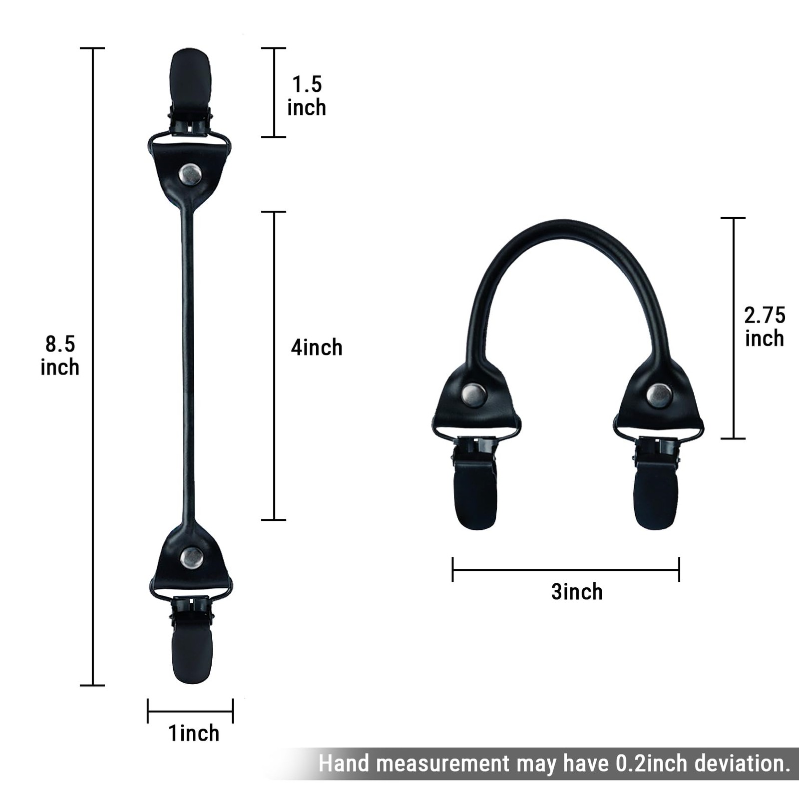 KUNN Suspender Genuine Leather Strips 3 Pcs with Double Clips End Black