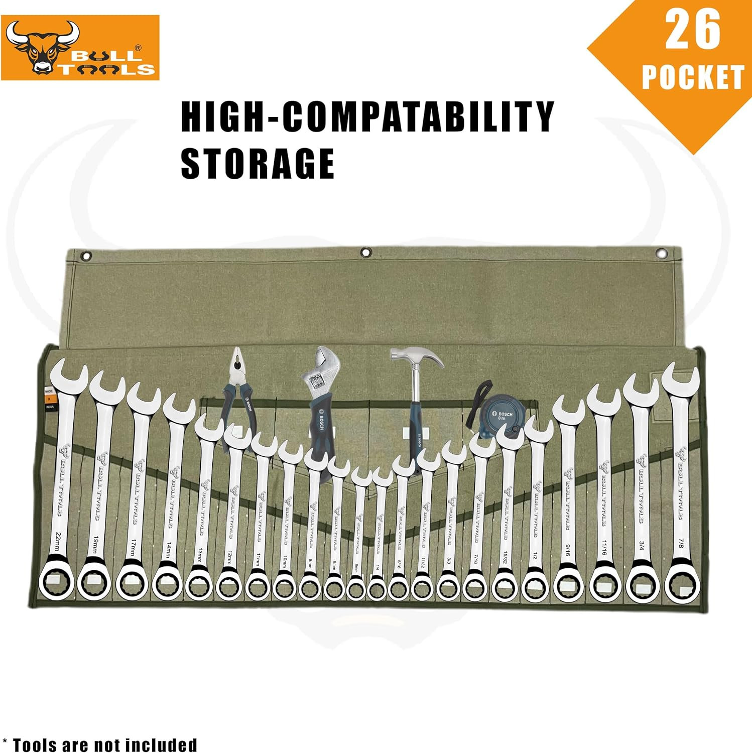 BULL TOOLS Wrench Roll, 26 Pocket Tool Pouch, Tool Bag Wrench Organizer Metric &