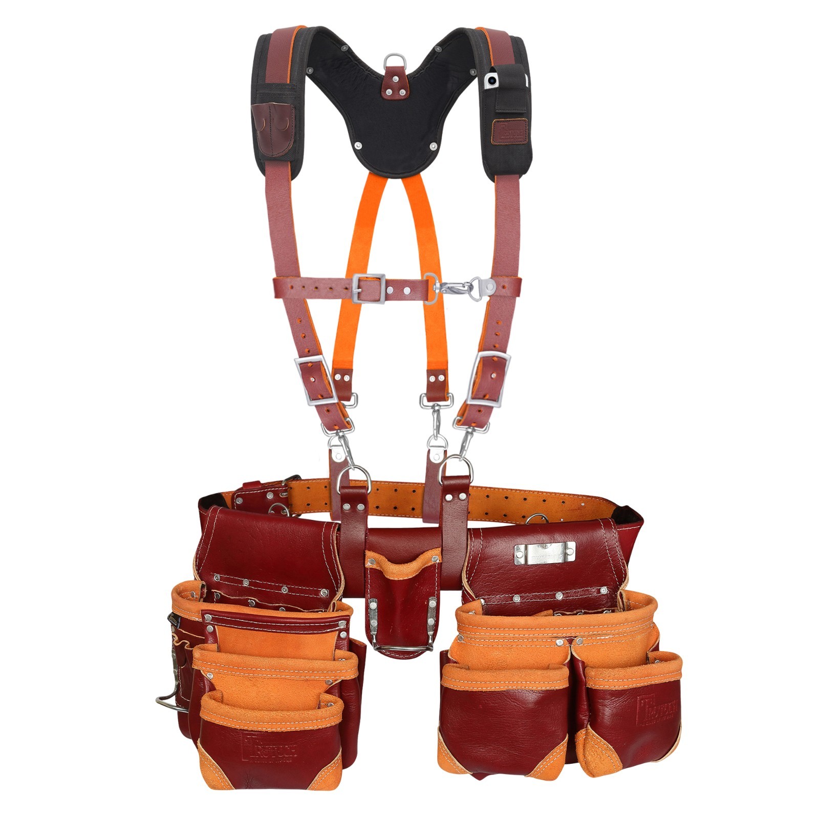 Trutuch Maroon Leather Tool Belt with Suspender | 18 Pockets | Framers Tool Belt
