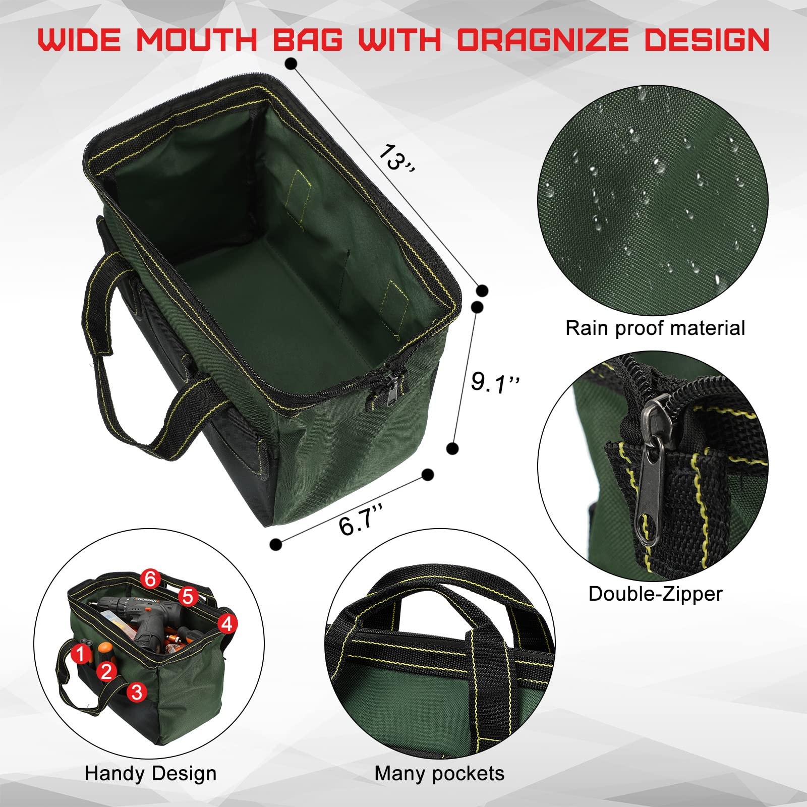 4 PCS Tool Bag Waterproof Molded Base Wide Mouth Multi Pocket Tote 1 PCS
