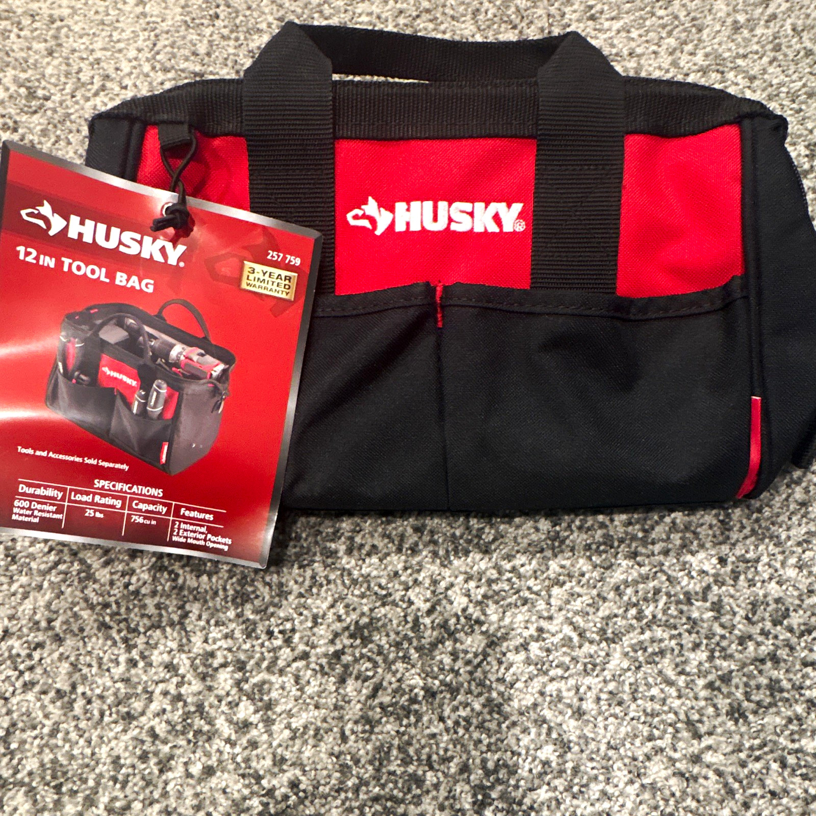 Husky 12in Red/Black Water Resistant Tool Bag w/Handle 257 759